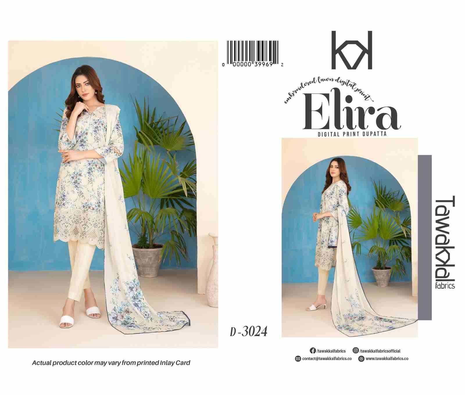Original Pakistani Elira By Tawakkal Fab 3019 To 3026 Series Beautiful Pakistani Suits Colorful Stylish Fancy Casual Wear & Ethnic Wear Lawn Dresses At Wholesale Price