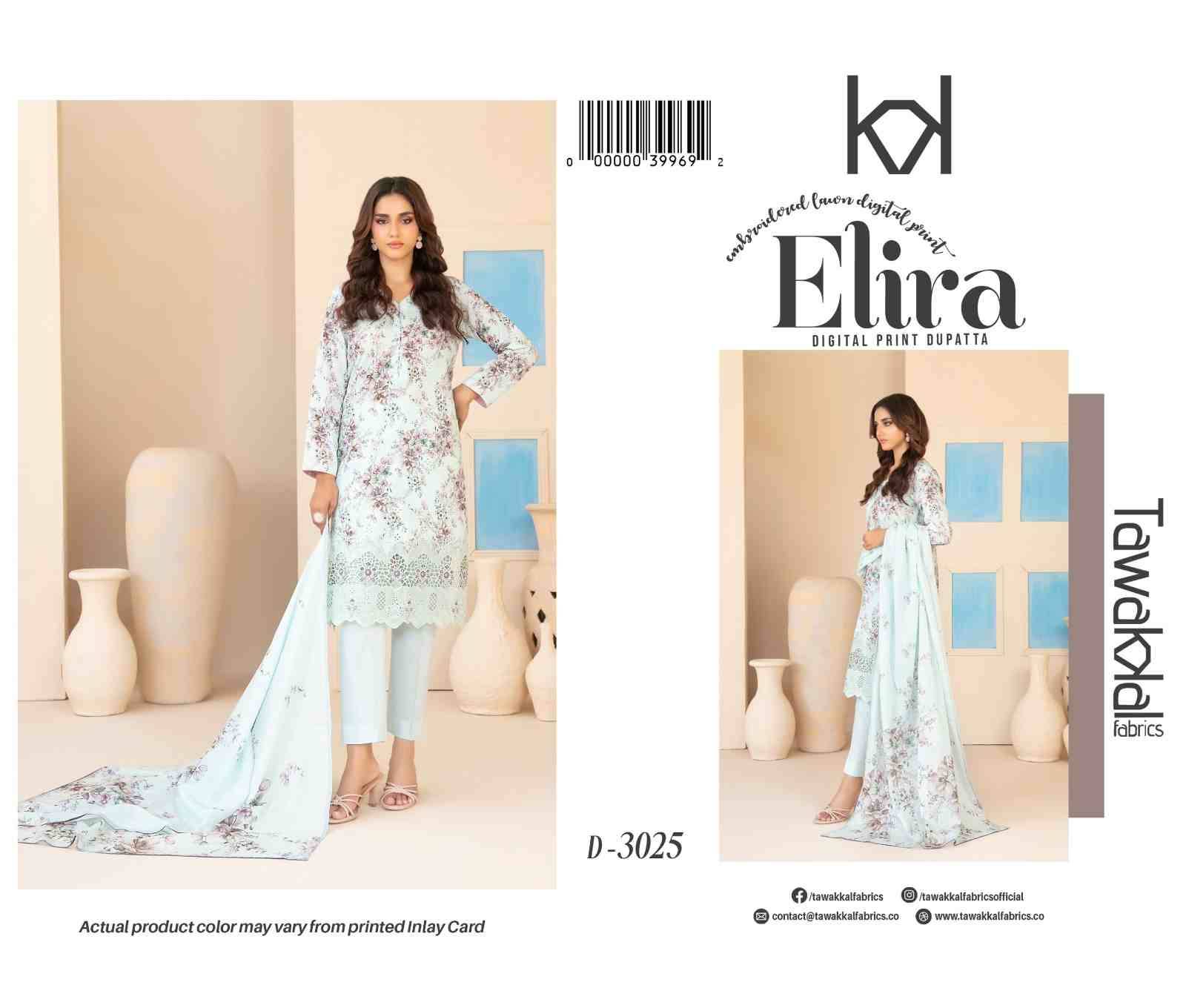 Original Pakistani Elira By Tawakkal Fab 3019 To 3026 Series Beautiful Pakistani Suits Colorful Stylish Fancy Casual Wear & Ethnic Wear Lawn Dresses At Wholesale Price