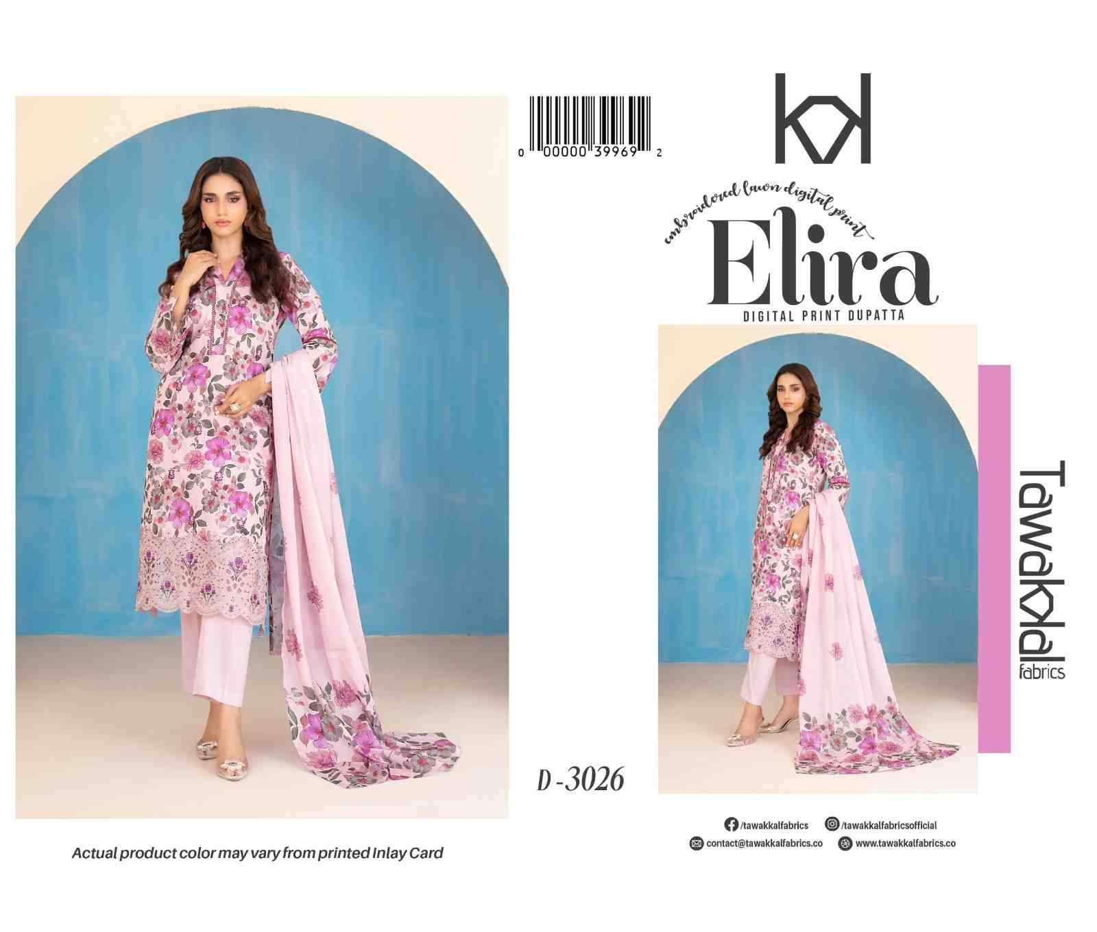 Original Pakistani Elira By Tawakkal Fab 3019 To 3026 Series Beautiful Pakistani Suits Colorful Stylish Fancy Casual Wear & Ethnic Wear Lawn Dresses At Wholesale Price