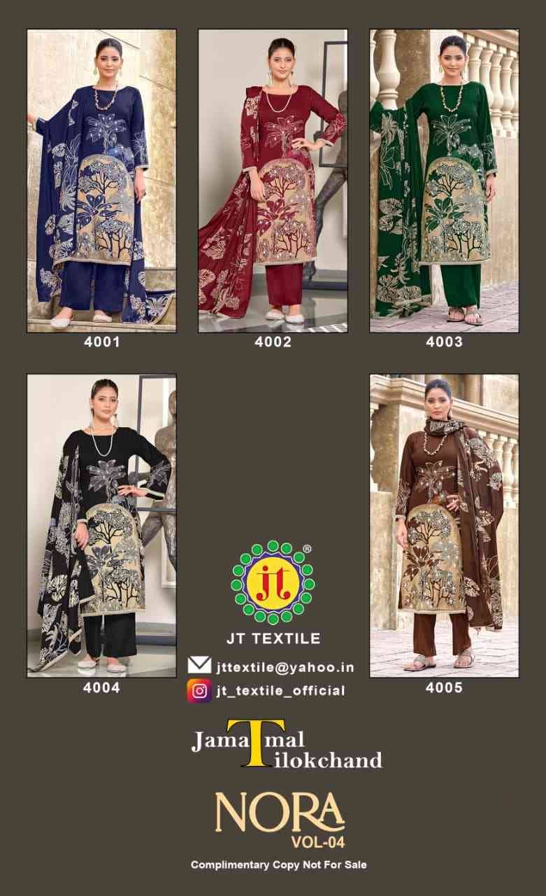 Nora Vol-4 By JT 4001 To 4005 Series Beautiful Festive Suits Colorful Stylish Fancy Casual Wear & Ethnic Wear Rayon Dresses At Wholesale Price