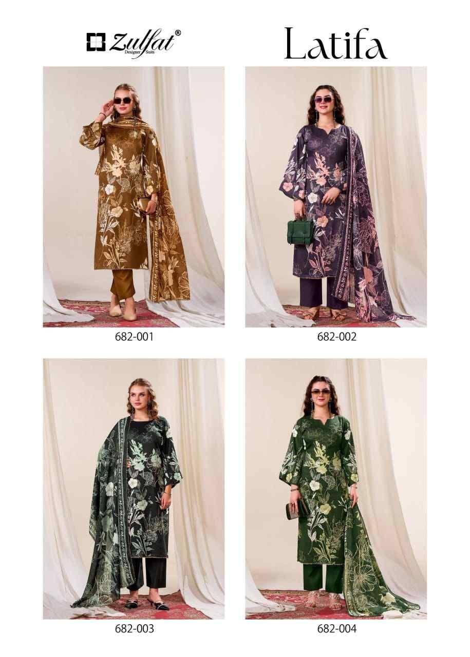 Latifa By Zulfat 682-001 To 682-004 Series Beautiful Festive Suits Stylish Fancy Colorful Casual Wear & Ethnic Wear Pure Jam Cotton Print Dresses At Wholesale Price