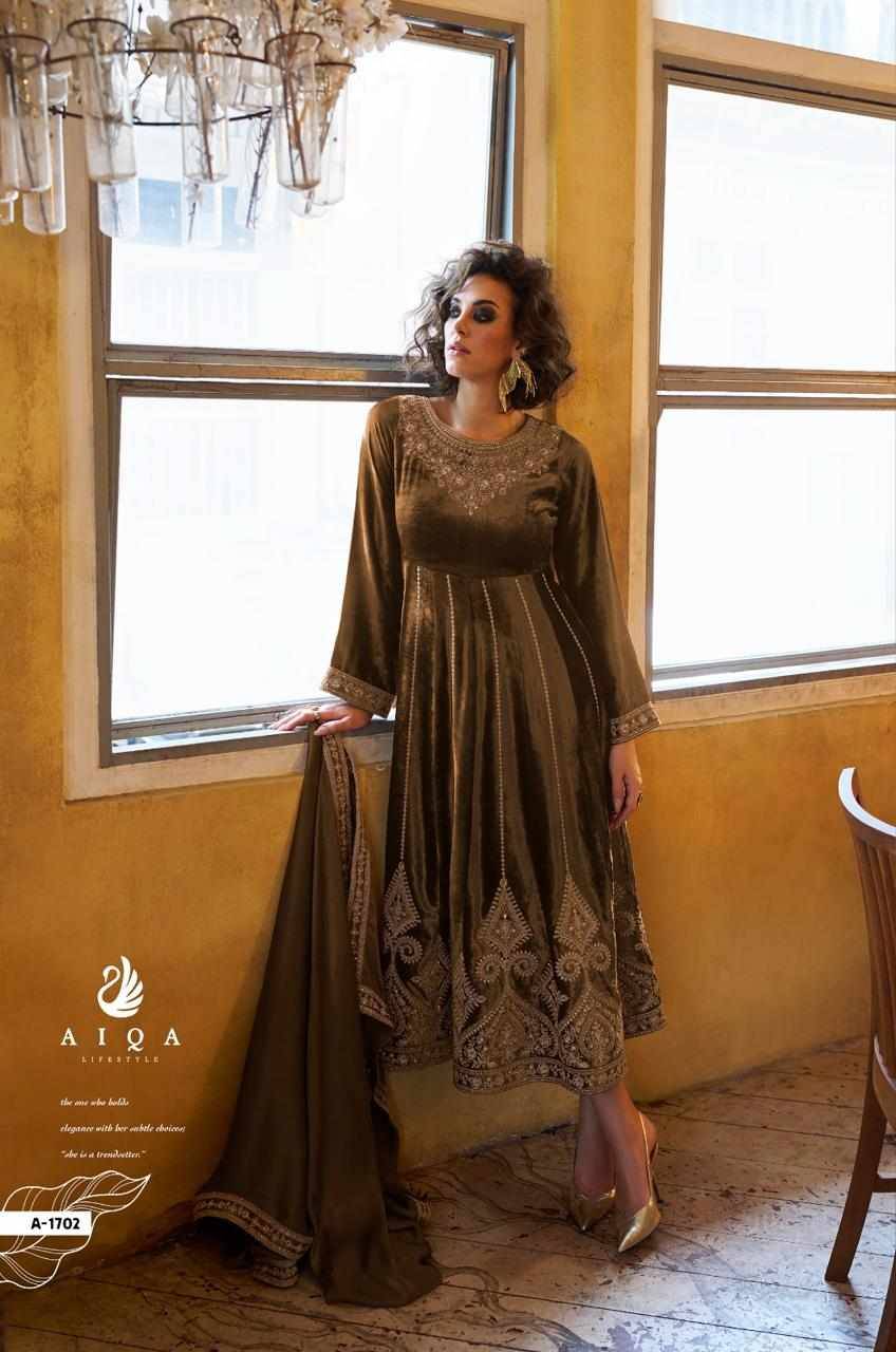 Grey And Gold By Aiqa 1701 To 1706 Series Beautiful Festive Suits Colorful Stylish Fancy Casual Wear & Ethnic Wear Pure Viscose Velvet Dresses At Wholesale Price
