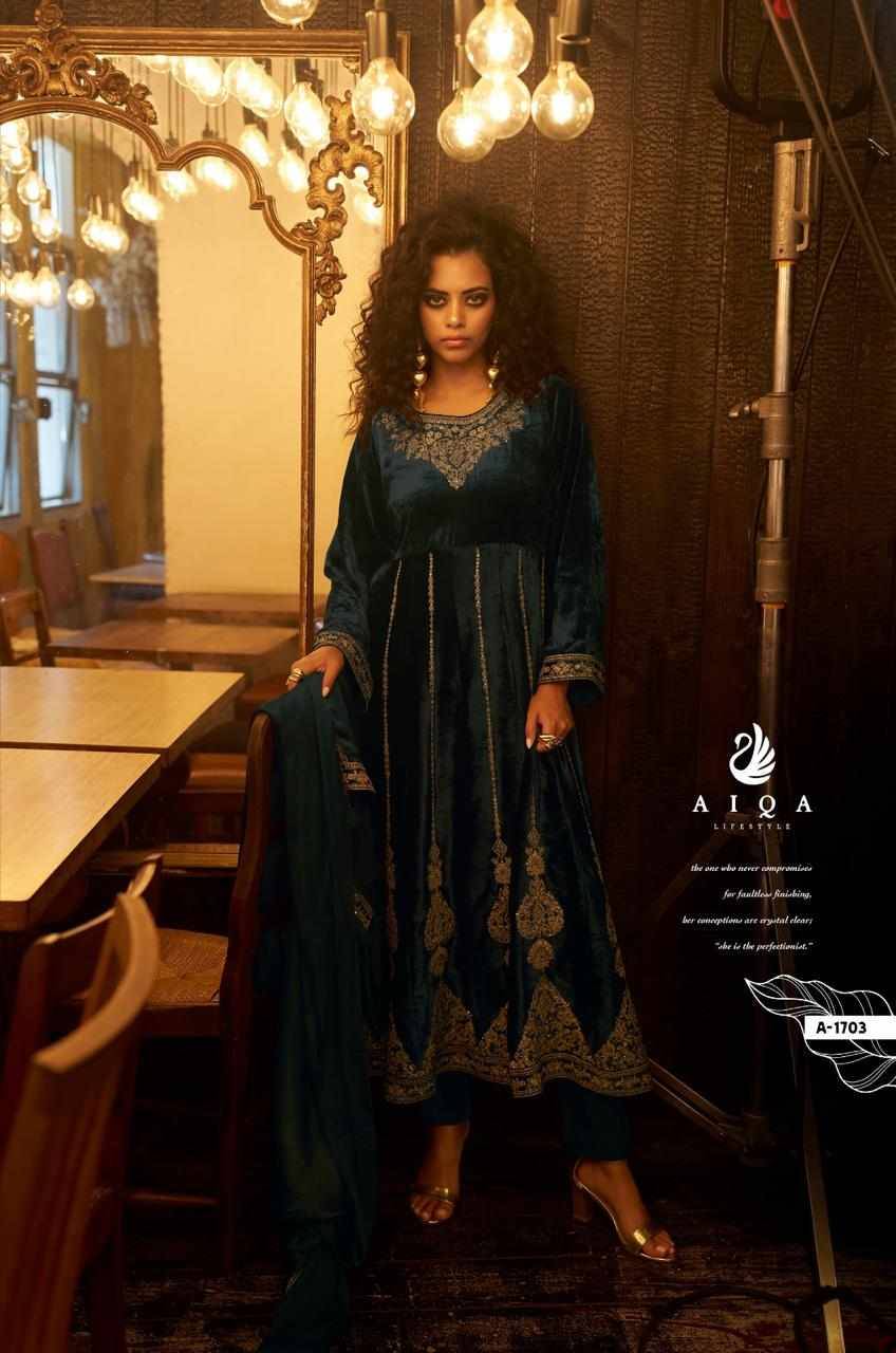 Grey And Gold By Aiqa 1701 To 1706 Series Beautiful Festive Suits Colorful Stylish Fancy Casual Wear & Ethnic Wear Pure Viscose Velvet Dresses At Wholesale Price