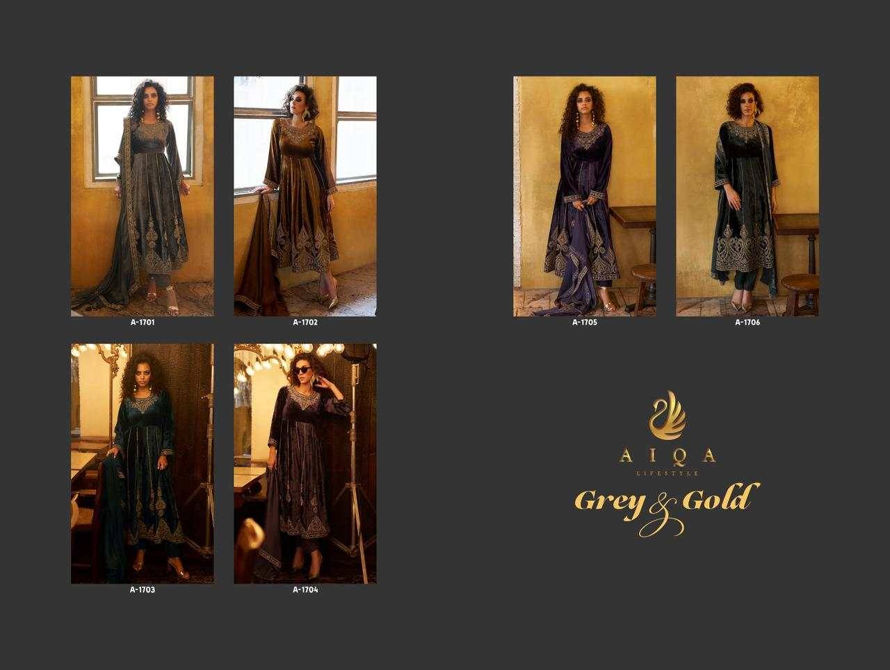 Grey And Gold By Aiqa 1701 To 1706 Series Beautiful Festive Suits Colorful Stylish Fancy Casual Wear & Ethnic Wear Pure Viscose Velvet Dresses At Wholesale Price