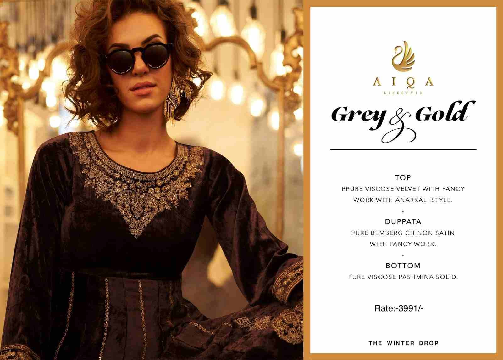 Grey And Gold By Aiqa 1701 To 1706 Series Beautiful Festive Suits Colorful Stylish Fancy Casual Wear & Ethnic Wear Pure Viscose Velvet Dresses At Wholesale Price
