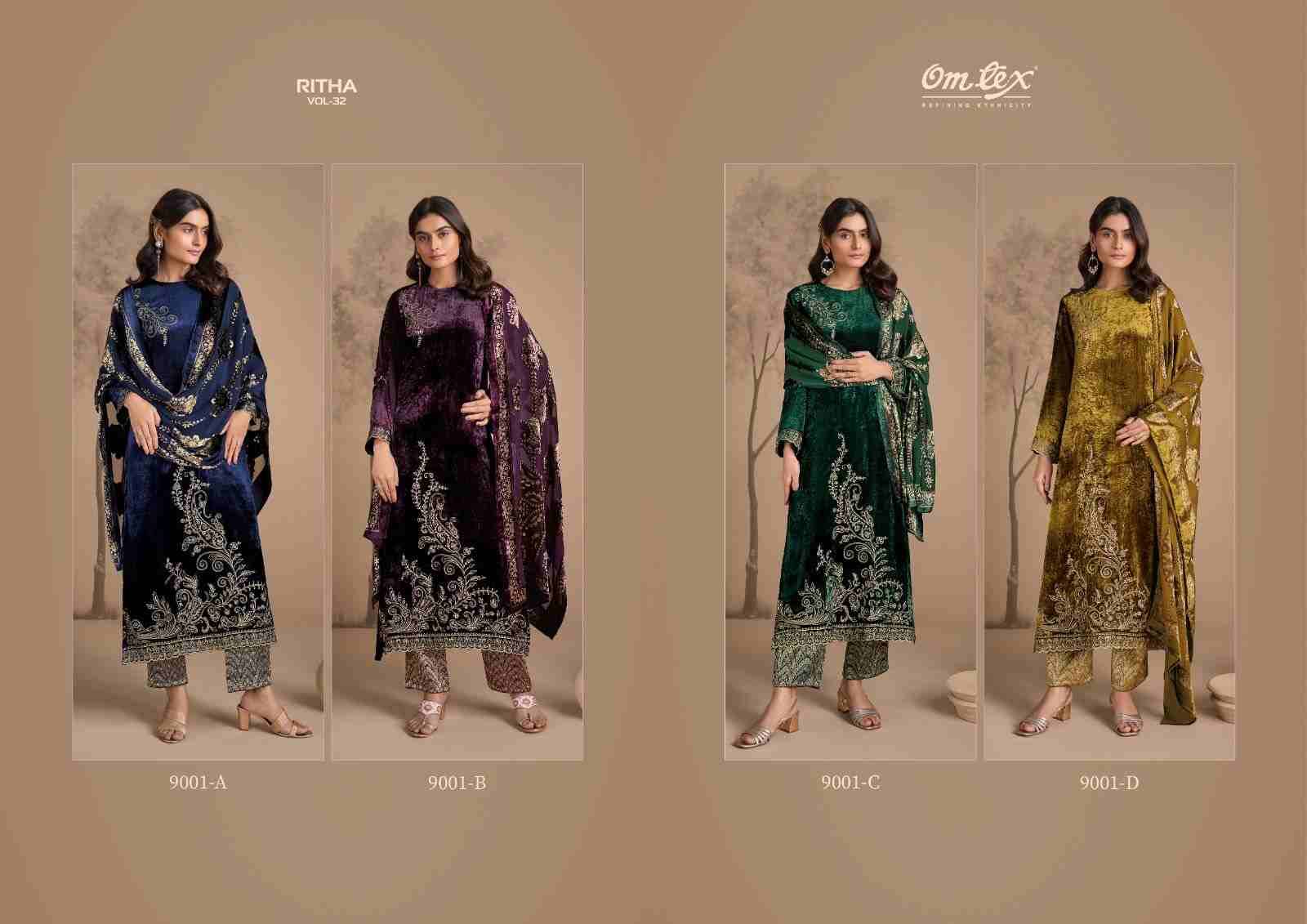 Ritha Vol-32 By Om Tex 9001-A To 9001-D Series Beautiful Festive Suits Colorful Stylish Fancy Casual Wear & Ethnic Wear Viscose Velvet Dresses At Wholesale Price