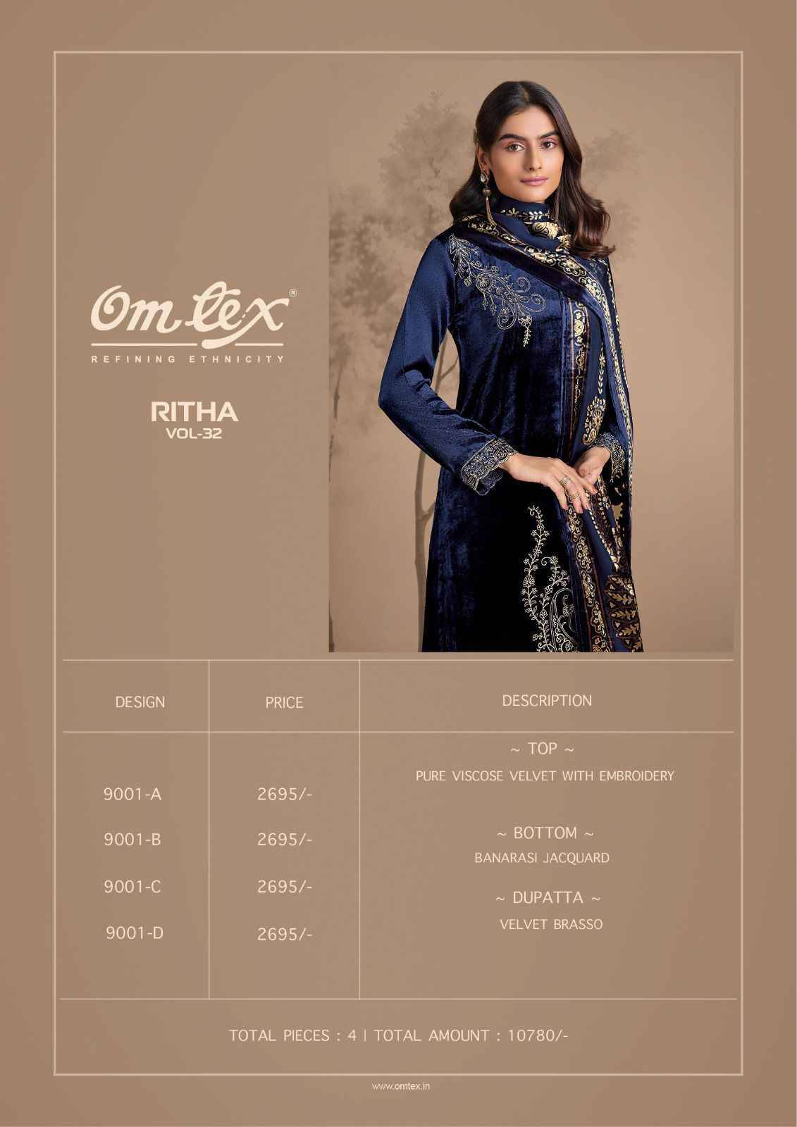 Ritha Vol-32 By Om Tex 9001-A To 9001-D Series Beautiful Festive Suits Colorful Stylish Fancy Casual Wear & Ethnic Wear Viscose Velvet Dresses At Wholesale Price