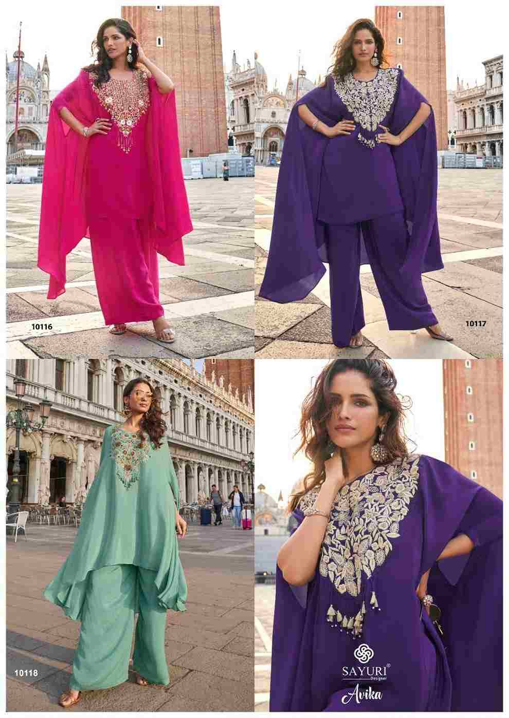 Avika By Sayuri 10116 To 10118 Series Designer Stylish Fancy Colorful Beautiful Party Wear & Ethnic Wear Collection Crepe Silk Tops With Bottom At Wholesale Price