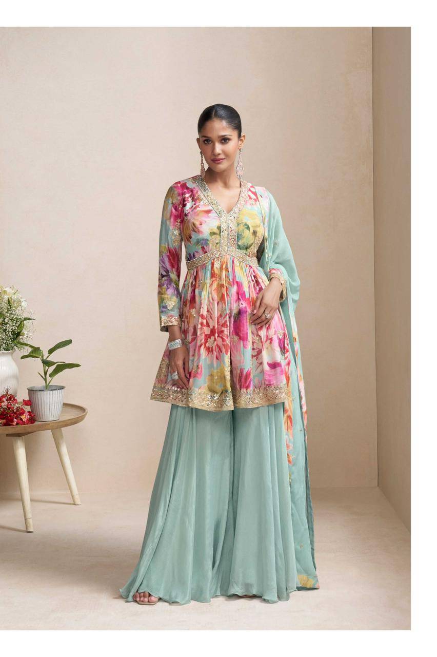 Raaga By Gulkayra Designer 7593 To 7595 Series Beautiful Sharara Suits Colorful Stylish Fancy Casual Wear & Ethnic Wear Chinnon With Work Dresses At Wholesale Price