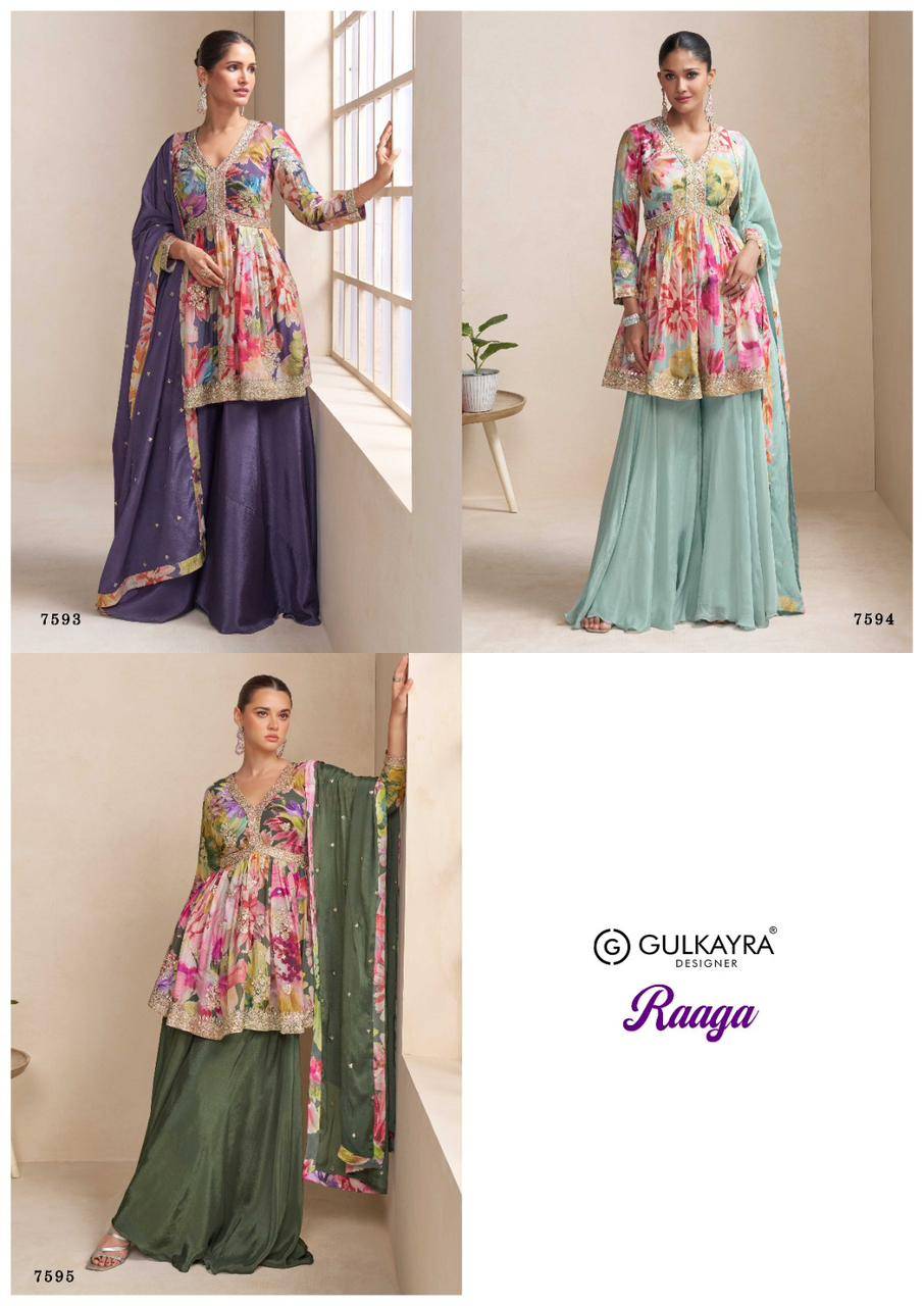 Raaga By Gulkayra Designer 7593 To 7595 Series Beautiful Sharara Suits Colorful Stylish Fancy Casual Wear & Ethnic Wear Chinnon With Work Dresses At Wholesale Price