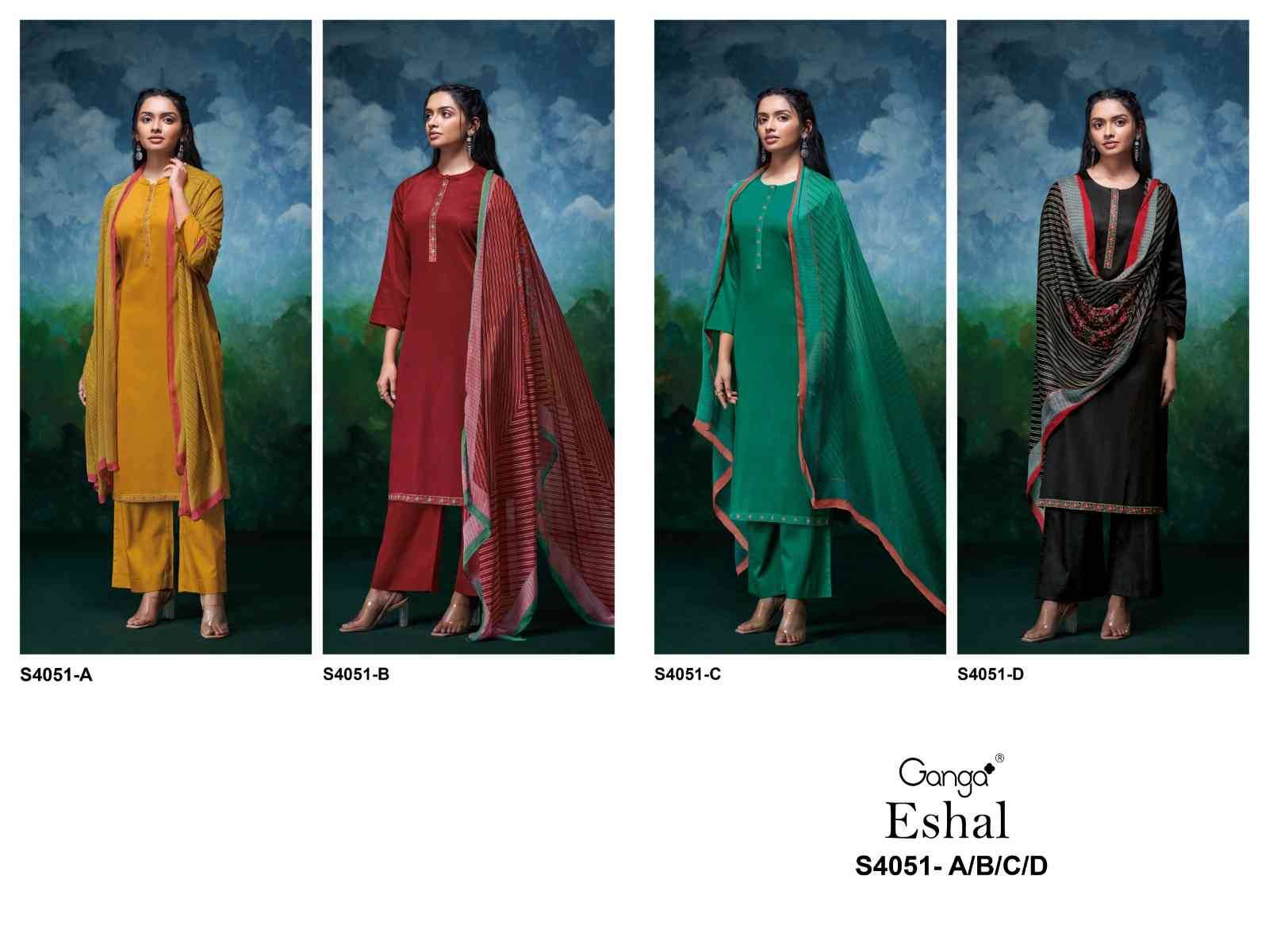 Eshal-4051 By Ganga Fashion 4051-A To 4051-D Series Beautiful Festive Suits Stylish Colorful Fancy Casual Wear & Ethnic Wear Premium Cotton Silk Print Dresses At Wholesale Price