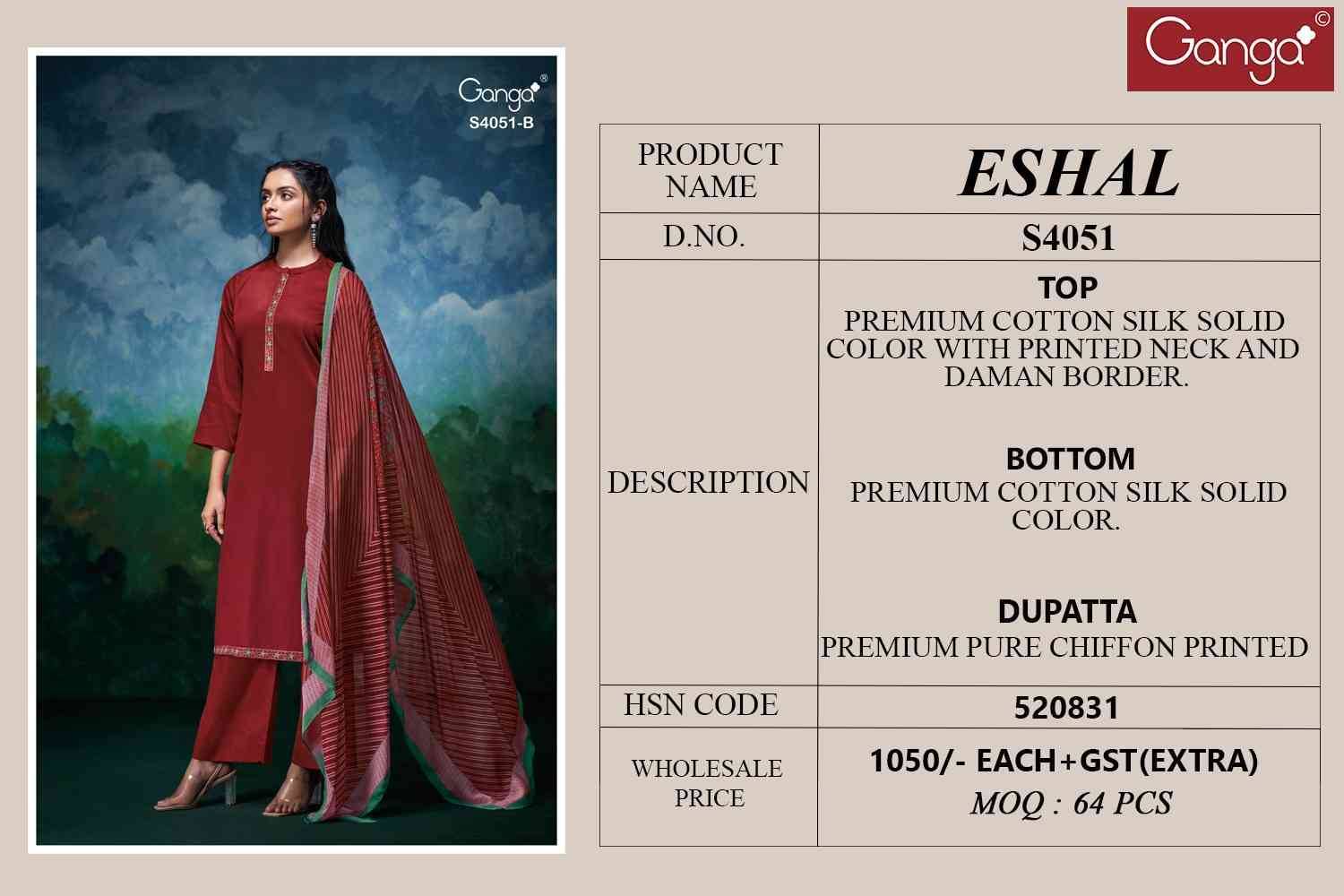 Eshal-4051 By Ganga Fashion 4051-A To 4051-D Series Beautiful Festive Suits Stylish Colorful Fancy Casual Wear & Ethnic Wear Premium Cotton Silk Print Dresses At Wholesale Price