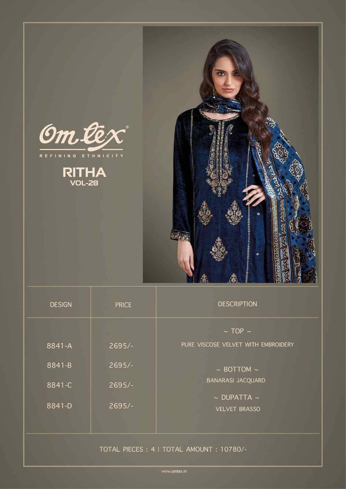 Ritha Vol-28 By Om Tex 8841-A To 8841-D Series Beautiful Festive Suits Colorful Stylish Fancy Casual Wear & Ethnic Wear Viscose Velvet Dresses At Wholesale Price