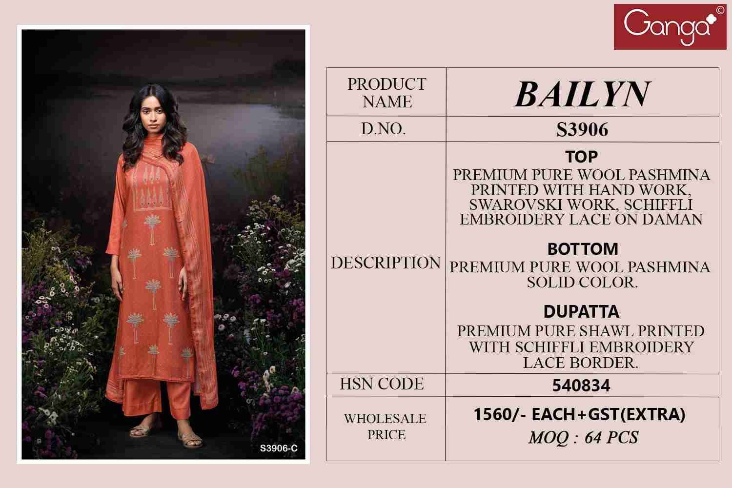 Bailyn-3906 By Ganga Fashion 3906-A To 3906-D Series Beautiful Festive Suits Stylish Colorful Fancy Casual Wear & Ethnic Wear Premium Pashmina Print Dresses At Wholesale Price