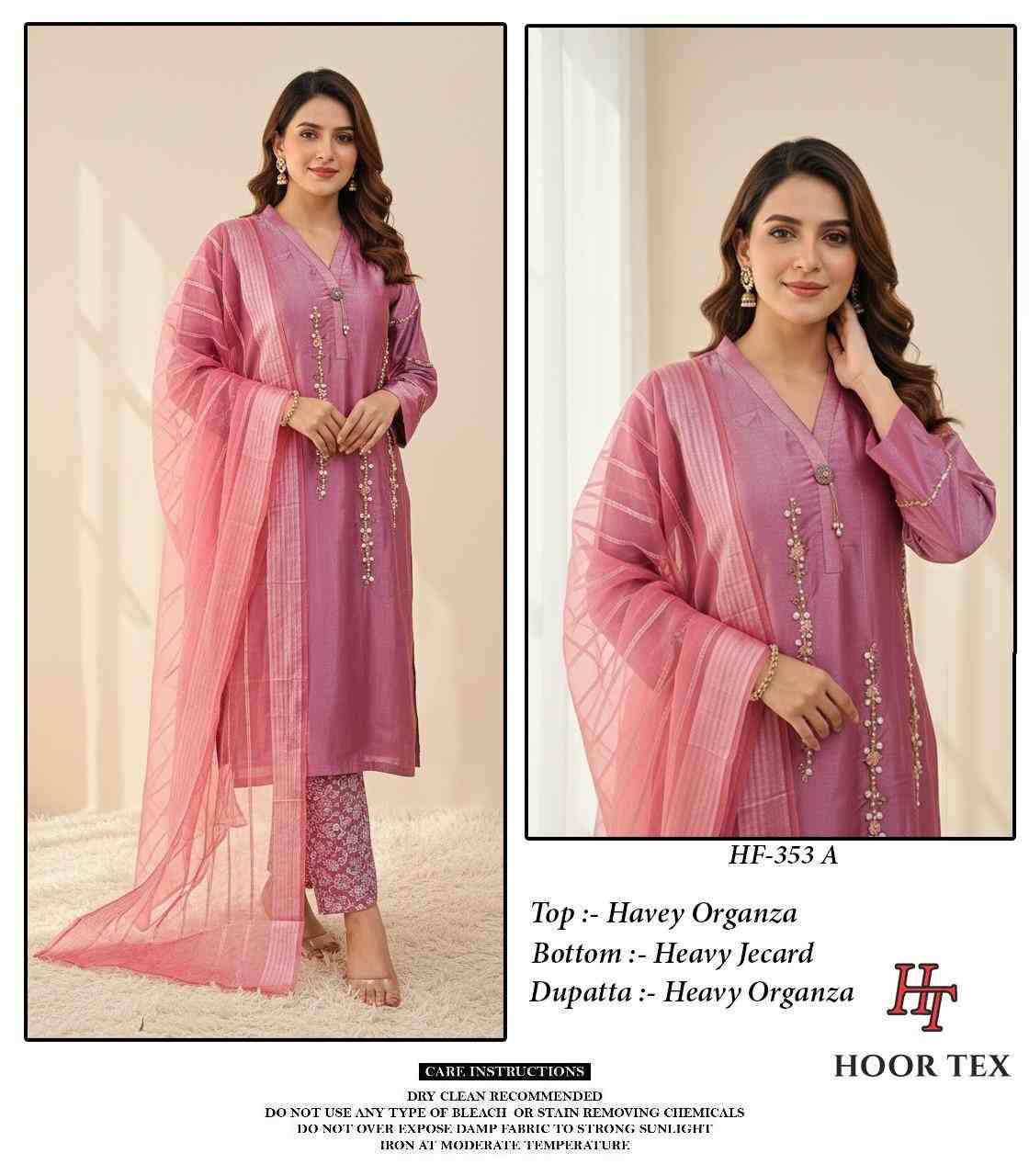Hoor Tex Hit Design HF-353 Colours By Hoor Tex HF-353-A To HF-353-F Series Designer Festive Pakistani Suits Collection Beautiful Stylish Fancy Colorful Party Wear & Occasional Wear Heavy Organza With Embroidered Dresses At Wholesale Price
