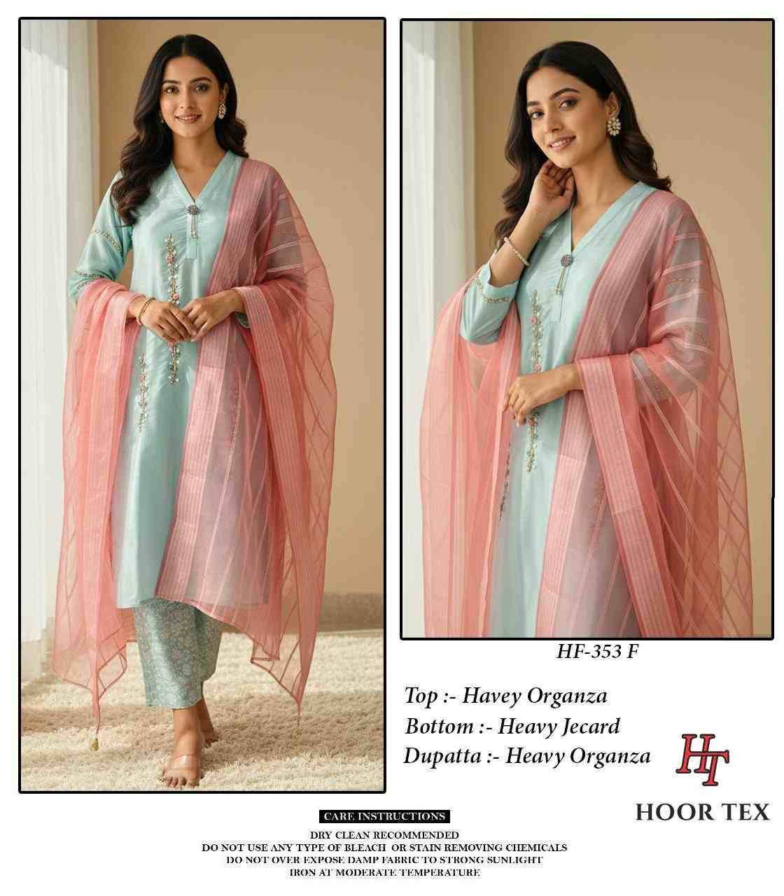Hoor Tex Hit Design HF-353 Colours By Hoor Tex HF-353-A To HF-353-F Series Designer Festive Pakistani Suits Collection Beautiful Stylish Fancy Colorful Party Wear & Occasional Wear Heavy Organza With Embroidered Dresses At Wholesale Price