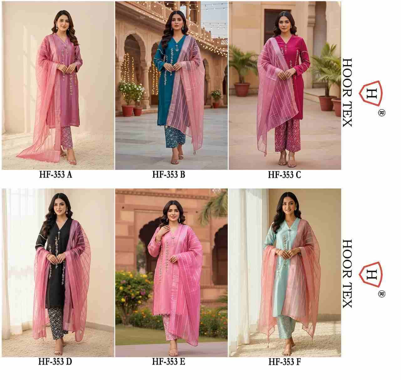 Hoor Tex Hit Design HF-353 Colours By Hoor Tex HF-353-A To HF-353-F Series Designer Festive Pakistani Suits Collection Beautiful Stylish Fancy Colorful Party Wear & Occasional Wear Heavy Organza With Embroidered Dresses At Wholesale Price