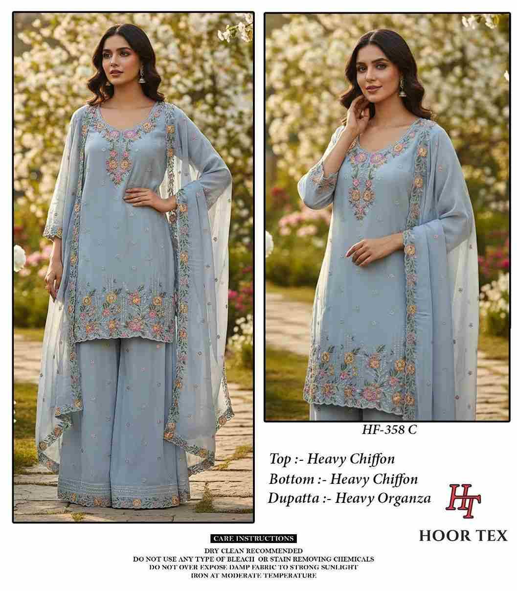 Hoor Tex Hit Design HF-358 Colours By Hoor Tex HF-358-A To HF-358-D Series Designer Festive Pakistani Suits Collection Beautiful Stylish Fancy Colorful Party Wear & Occasional Wear Heavy Chiffon With Embroidered Dresses At Wholesale Price