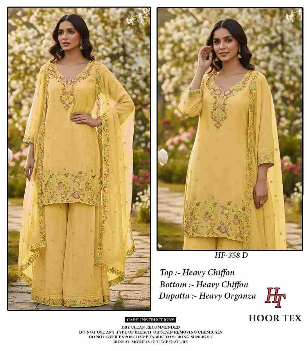 Hoor Tex Hit Design HF-358 Colours By Hoor Tex HF-358-A To HF-358-D Series Designer Festive Pakistani Suits Collection Beautiful Stylish Fancy Colorful Party Wear & Occasional Wear Heavy Chiffon With Embroidered Dresses At Wholesale Price