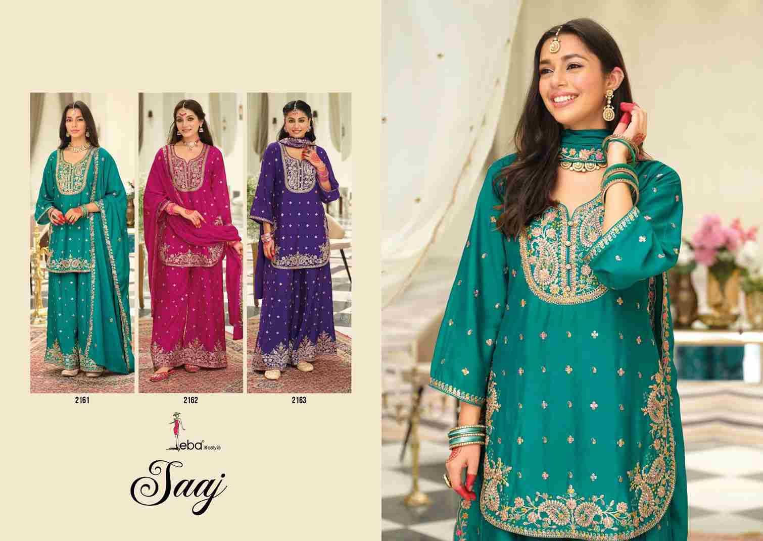 Saaj By Eba Lifestyle 2161 To 2163 Series Beautiful Stylish Festive Suits Fancy Colorful Casual Wear & Ethnic Wear & Ready To Wear Heavy Chinnon Embroidered Dresses At Wholesale Price