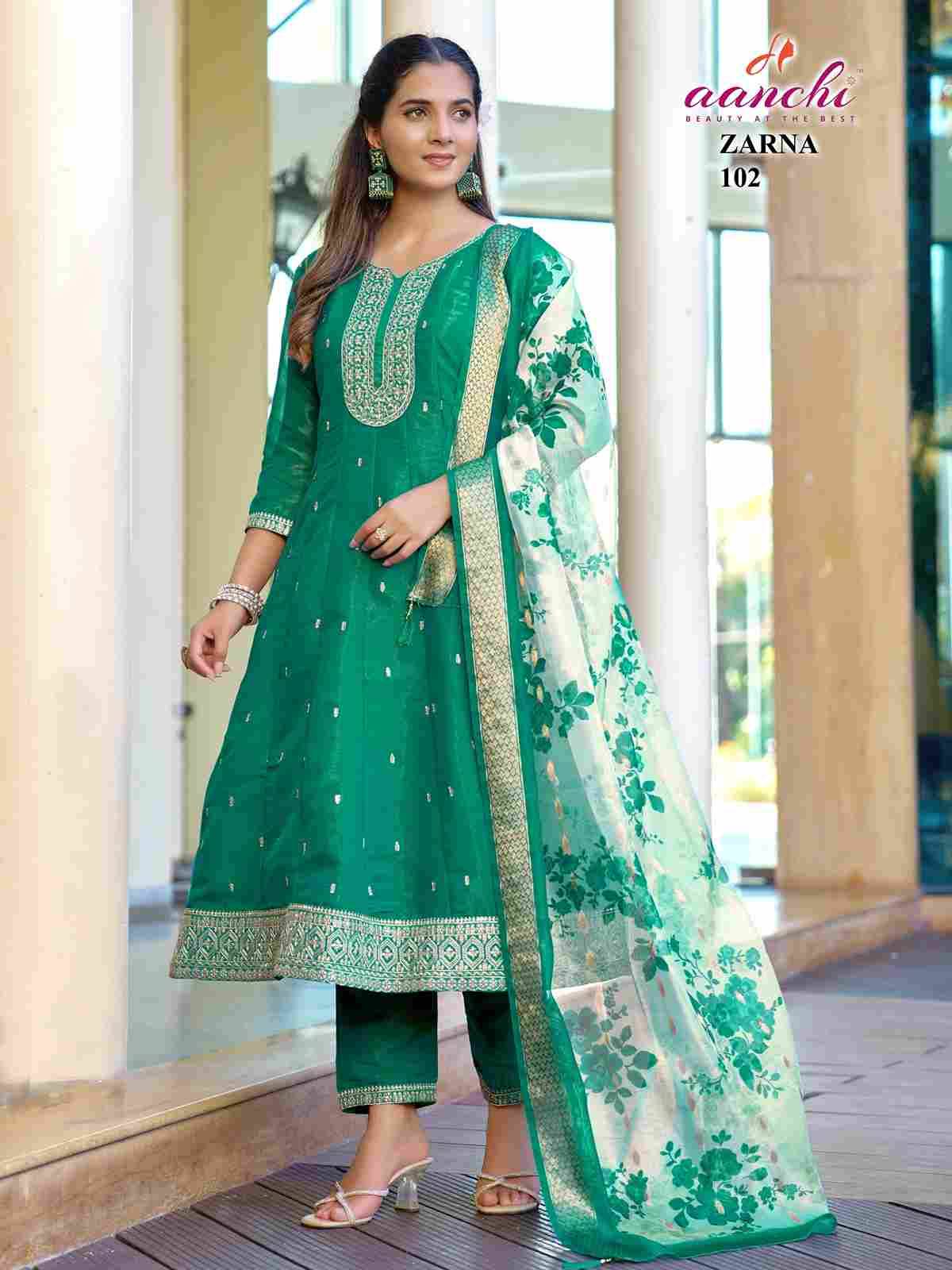 Zarna By Aanchi 101 To 104 Series Beautiful Suits Colorful Stylish Fancy Casual Wear & Ethnic Wear Pure Shimmer Dresses At Wholesale Price