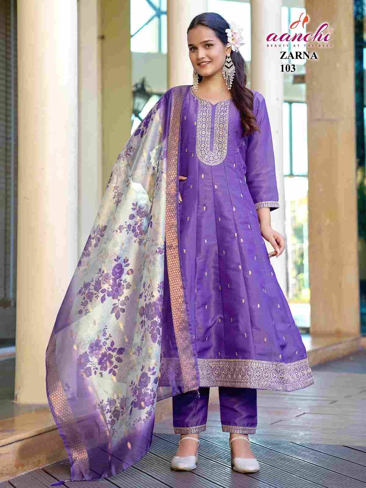 Zarna By Aanchi 101 To 104 Series Beautiful Suits Colorful Stylish Fancy Casual Wear & Ethnic Wear Pure Shimmer Dresses At Wholesale Price