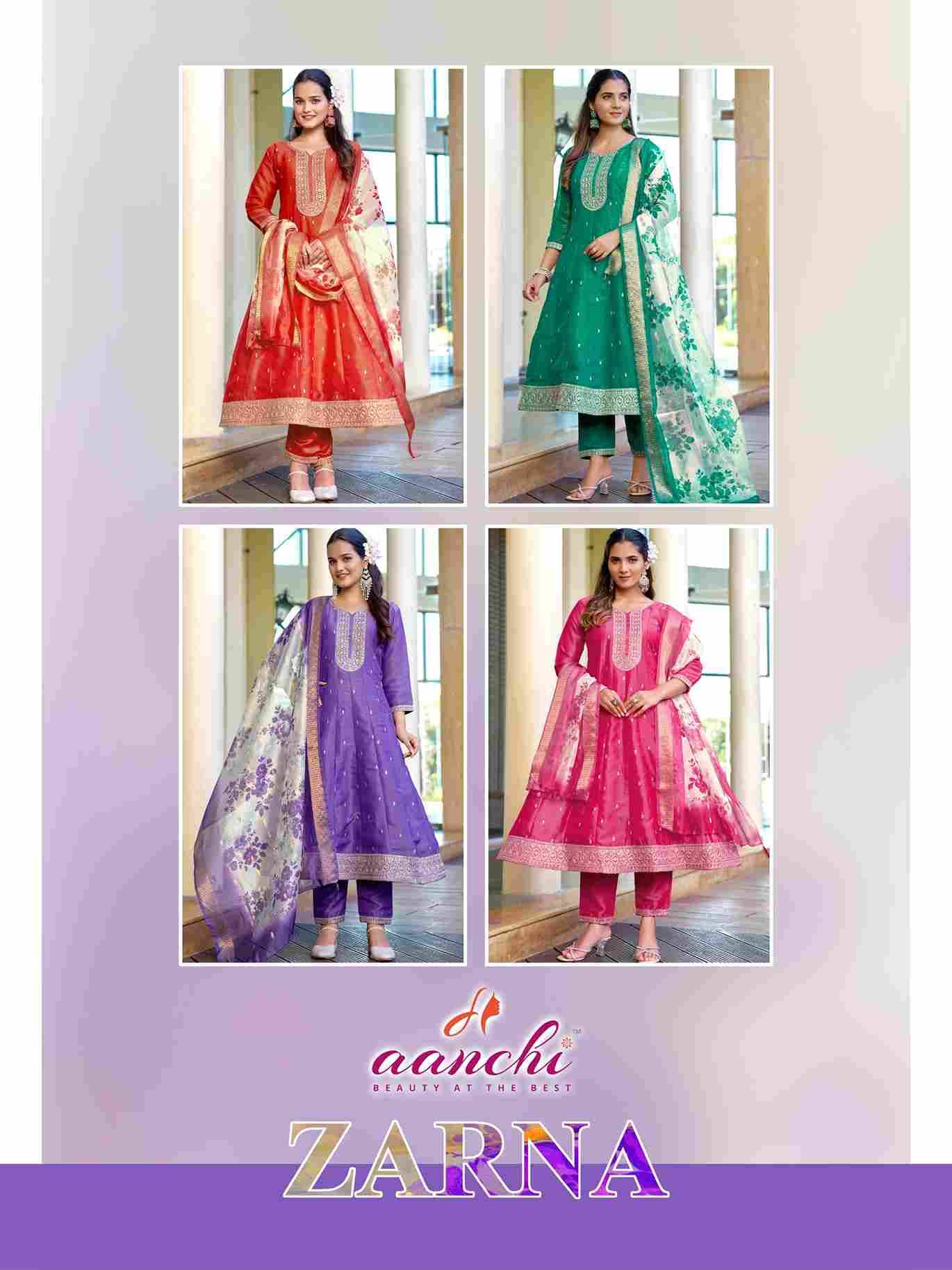 Zarna By Aanchi 101 To 104 Series Beautiful Suits Colorful Stylish Fancy Casual Wear & Ethnic Wear Pure Shimmer Dresses At Wholesale Price