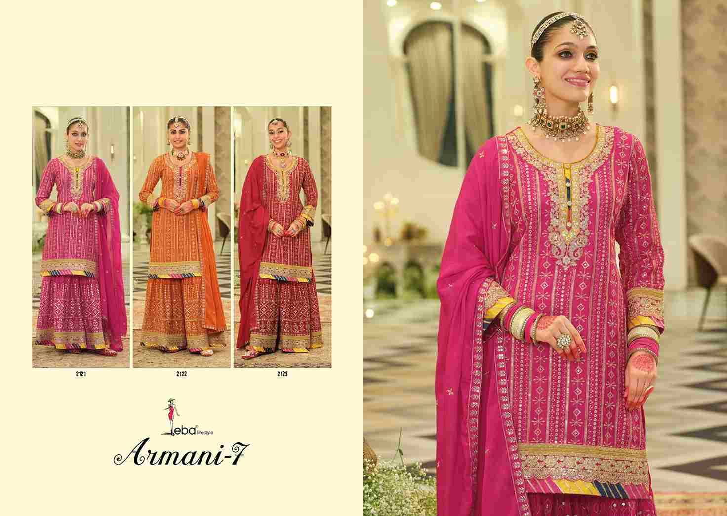 Armani Vol-7 By Eba Lifestyle 2121 To 2123 Series Designer Sharara Suits Collection Beautiful Stylish Fancy Colorful Party Wear & Occasional Wear Heavy Chinnon Dresses At Wholesale Price