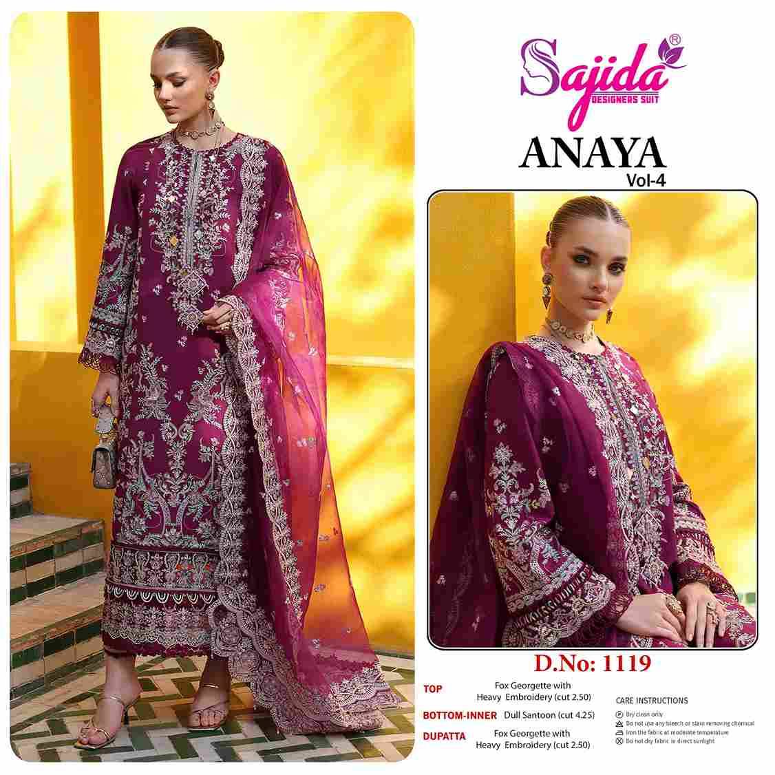 Anaya Vol-4 By Sajida Designer Suit 1119 To 1121 Series Designer Pakistani Suits Beautiful Fancy Stylish Colorful Party Wear & Occasional Wear Faux Georgette With Embroidery Dresses At Wholesale Price