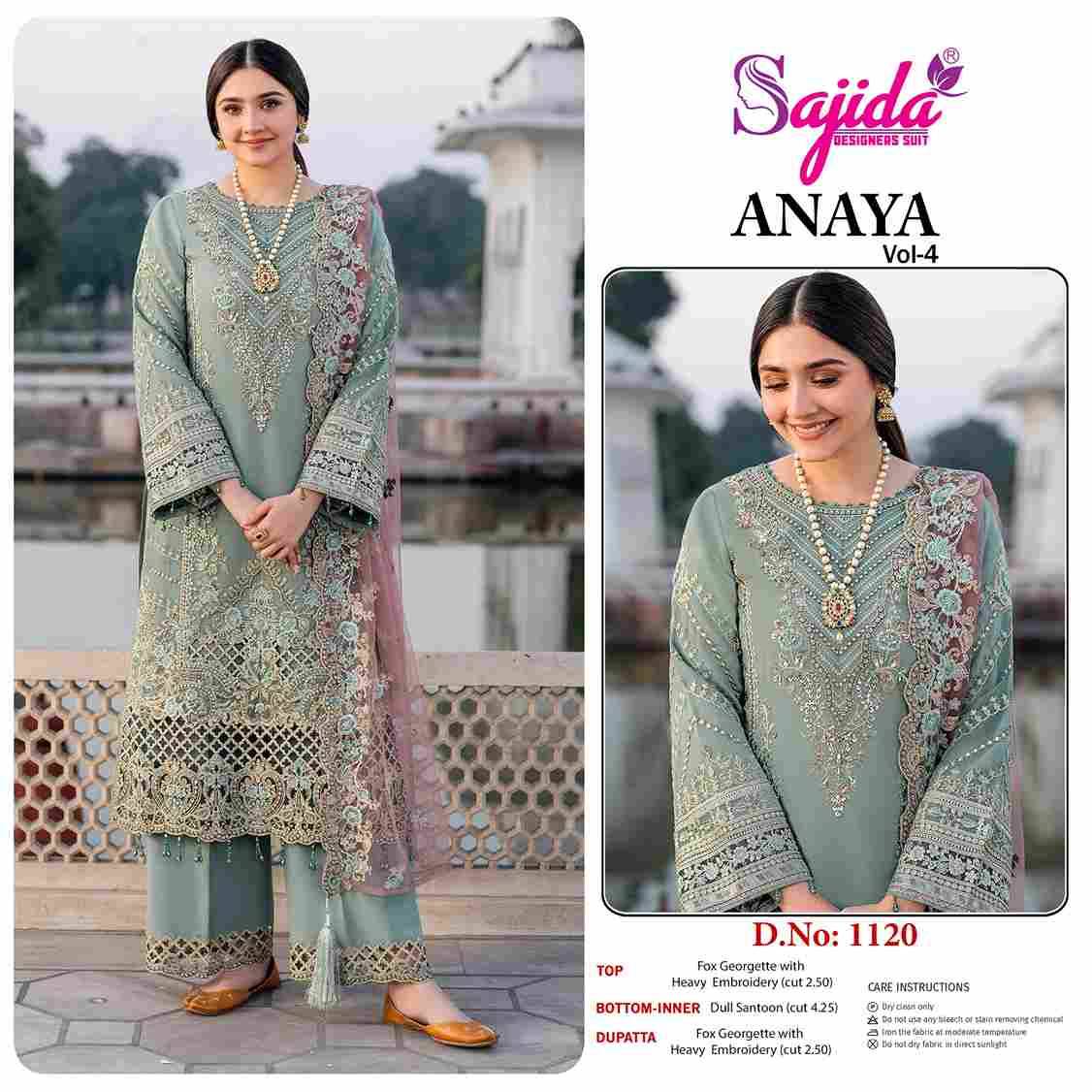 Anaya Vol-4 By Sajida Designer Suit 1119 To 1121 Series Designer Pakistani Suits Beautiful Fancy Stylish Colorful Party Wear & Occasional Wear Faux Georgette With Embroidery Dresses At Wholesale Price