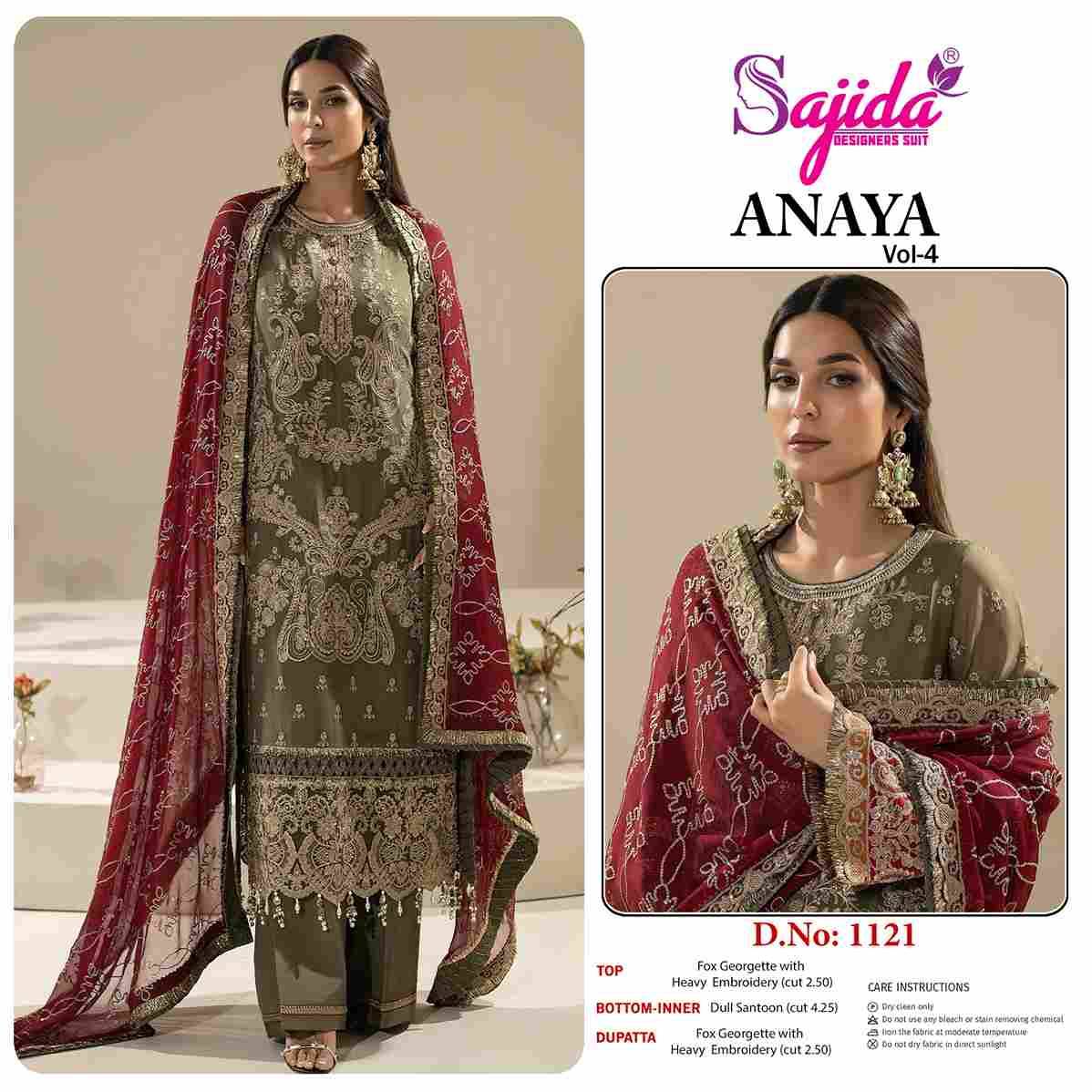 Anaya Vol-4 By Sajida Designer Suit 1119 To 1121 Series Designer Pakistani Suits Beautiful Fancy Stylish Colorful Party Wear & Occasional Wear Faux Georgette With Embroidery Dresses At Wholesale Price