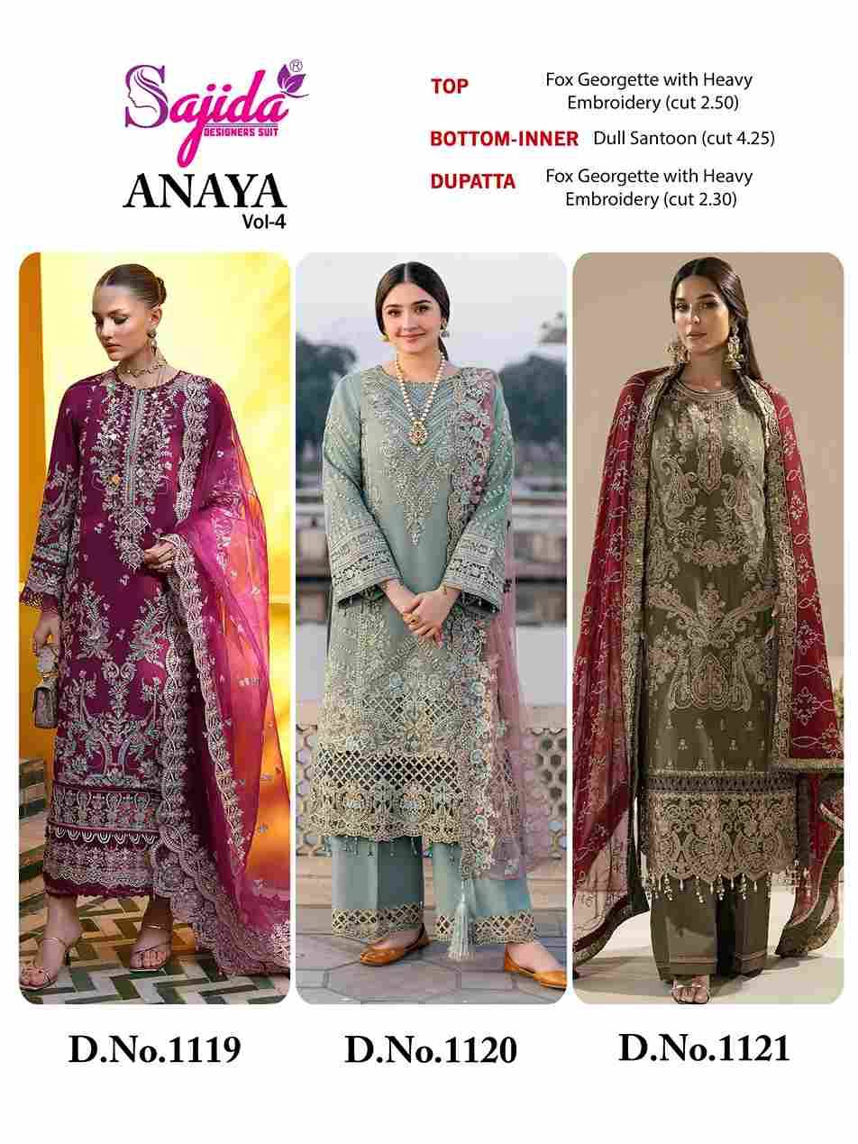 Anaya Vol-4 By Sajida Designer Suit 1119 To 1121 Series Designer Pakistani Suits Beautiful Fancy Stylish Colorful Party Wear & Occasional Wear Faux Georgette With Embroidery Dresses At Wholesale Price