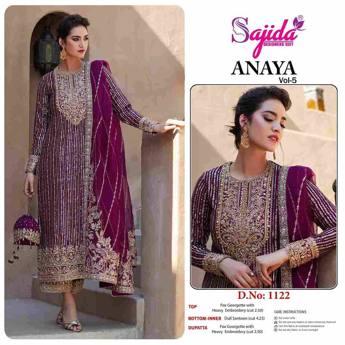 Anaya Vol-5 By Sajida Designer Suit 1122 To 1124 Series Designer Pakistani Suits Beautiful Fancy Stylish Colorful Party Wear & Occasional Wear Faux Georgette With Embroidery Dresses At Wholesale Price