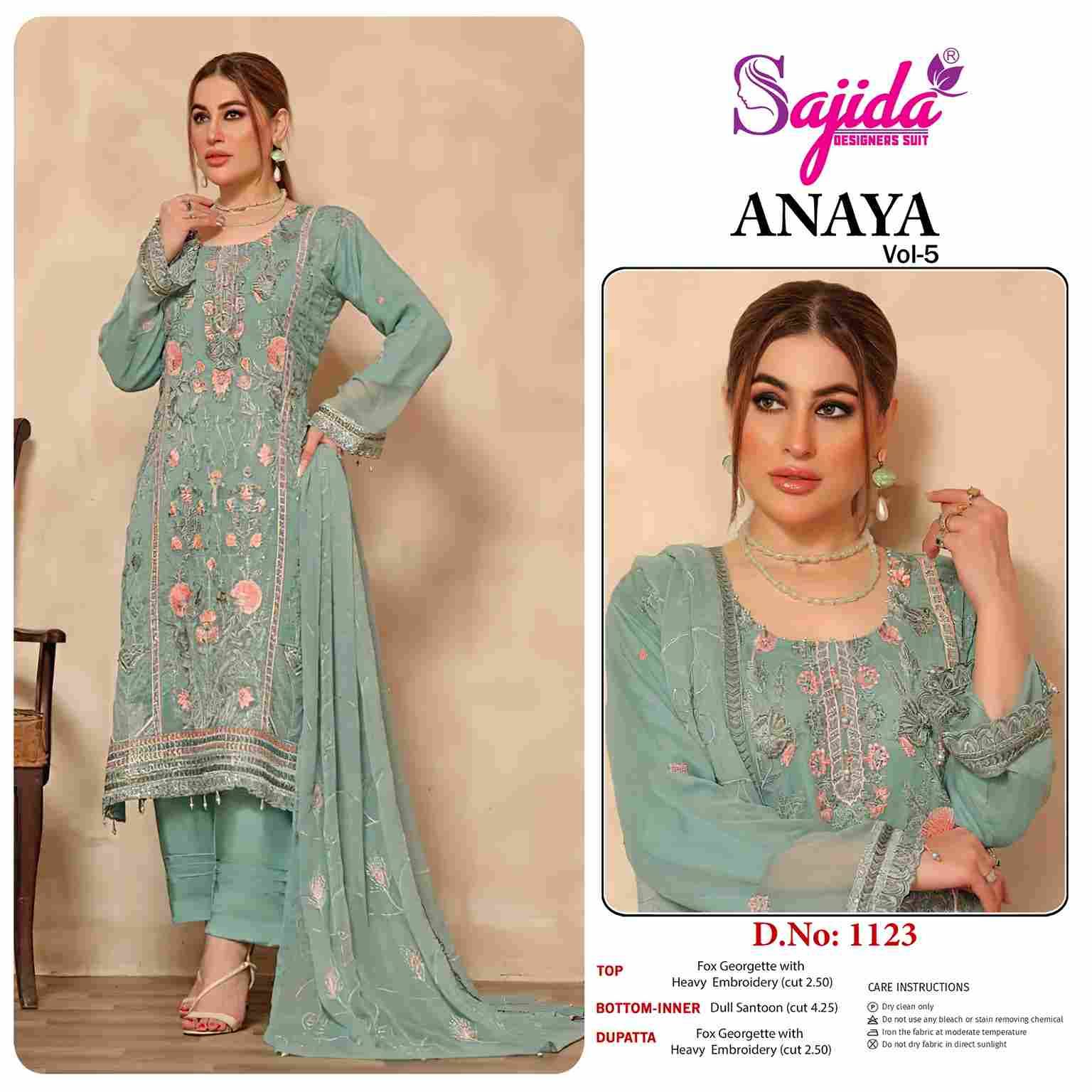 Anaya Vol-5 By Sajida Designer Suit 1122 To 1124 Series Designer Pakistani Suits Beautiful Fancy Stylish Colorful Party Wear & Occasional Wear Faux Georgette With Embroidery Dresses At Wholesale Price