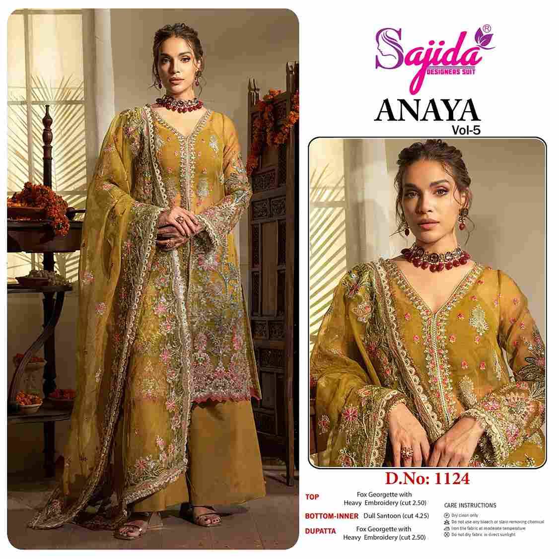 Anaya Vol-5 By Sajida Designer Suit 1122 To 1124 Series Designer Pakistani Suits Beautiful Fancy Stylish Colorful Party Wear & Occasional Wear Faux Georgette With Embroidery Dresses At Wholesale Price