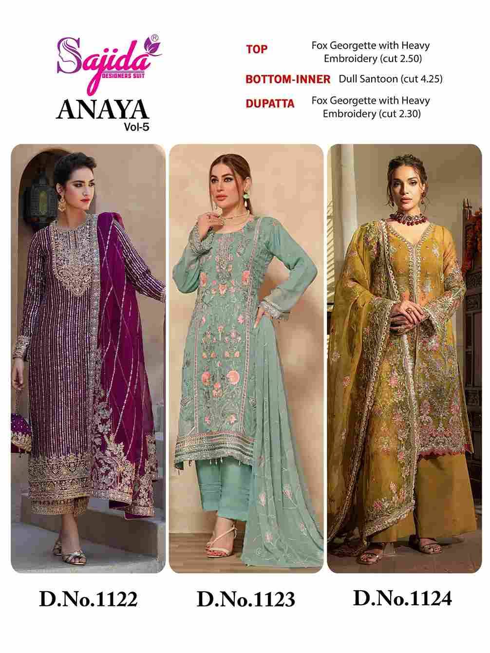 Anaya Vol-5 By Sajida Designer Suit 1122 To 1124 Series Designer Pakistani Suits Beautiful Fancy Stylish Colorful Party Wear & Occasional Wear Faux Georgette With Embroidery Dresses At Wholesale Price
