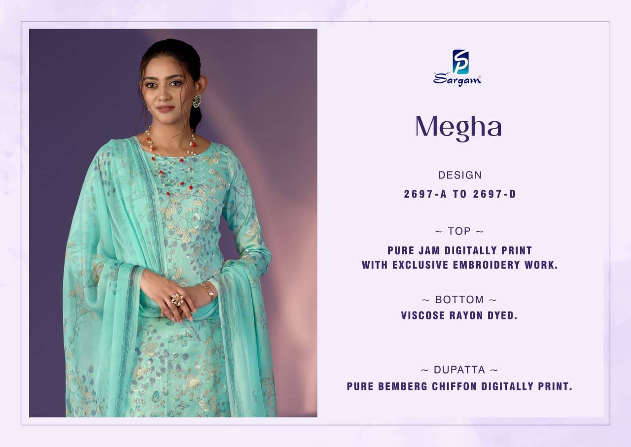 Megha By Sargam Prints 2697-A To 2697-D Series Beautiful Festive Suits Stylish Fancy Colorful Casual Wear & Ethnic Wear Pure Jam Dresses At Wholesale Price