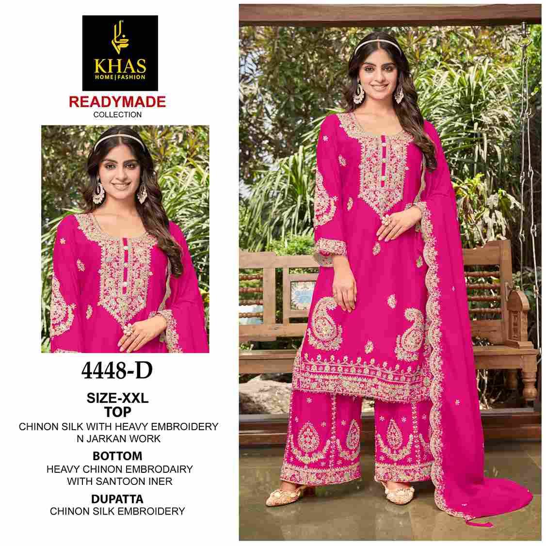 Khas 4448 Colours Vol-2 By Khas 4448-D To 4448-F Series Beautiful Pakistani Suits Colorful Stylish Fancy Casual Wear & Ethnic Wear Chinnon Silk Embroidered Dresses At Wholesale Price