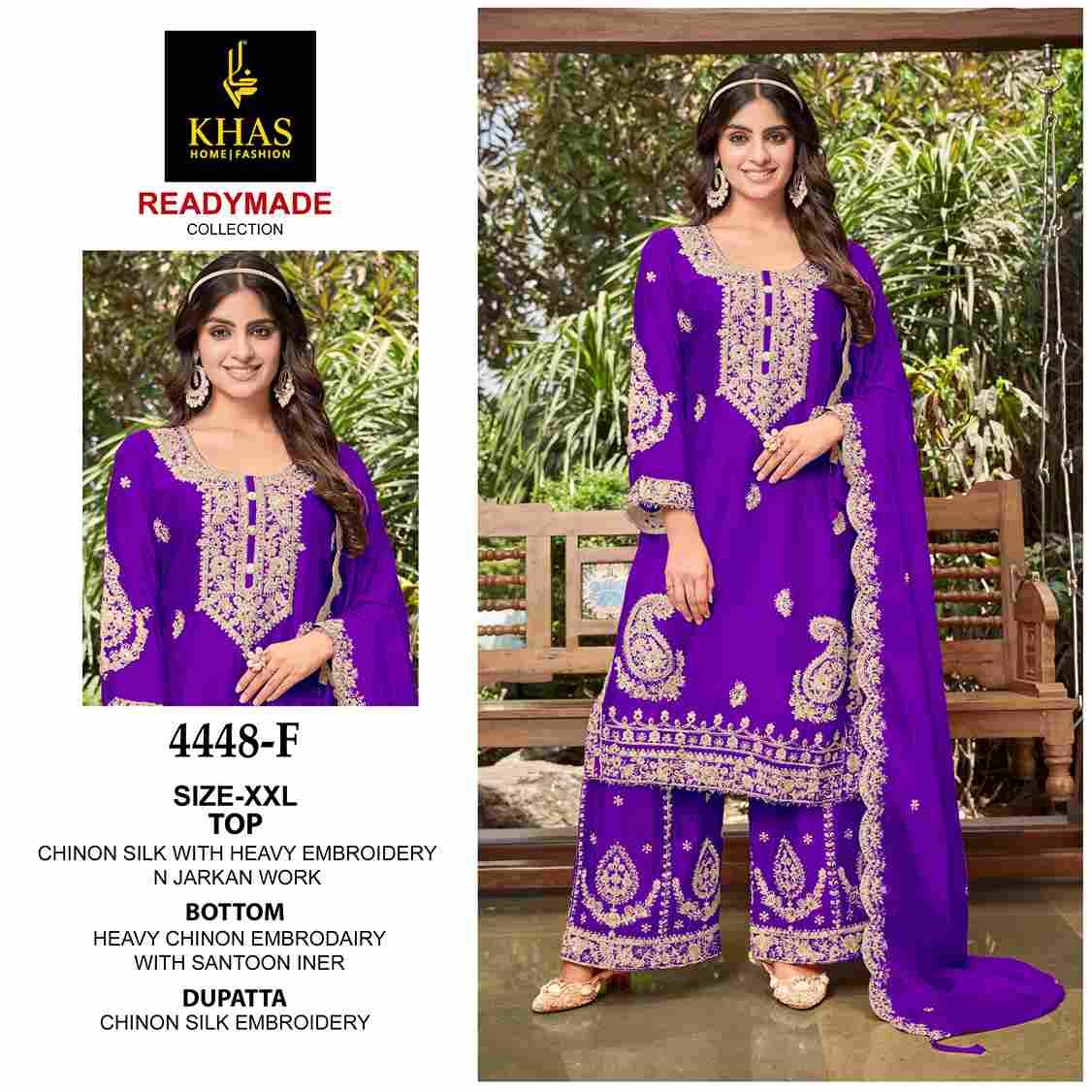 Khas 4448 Colours Vol-2 By Khas 4448-D To 4448-F Series Beautiful Pakistani Suits Colorful Stylish Fancy Casual Wear & Ethnic Wear Chinnon Silk Embroidered Dresses At Wholesale Price