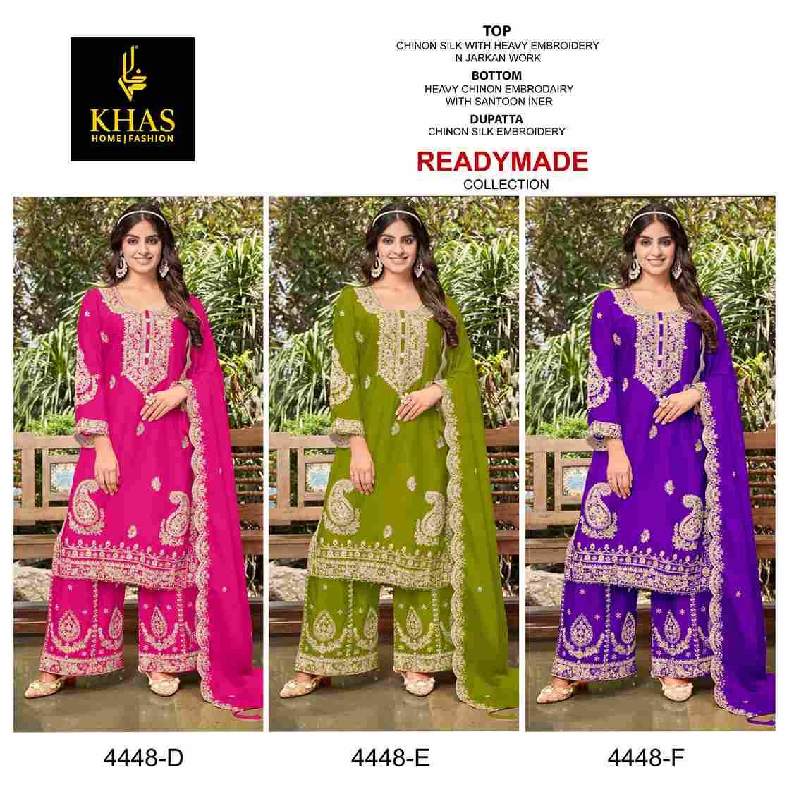 Khas 4448 Colours Vol-2 By Khas 4448-D To 4448-F Series Beautiful Pakistani Suits Colorful Stylish Fancy Casual Wear & Ethnic Wear Chinnon Silk Embroidered Dresses At Wholesale Price