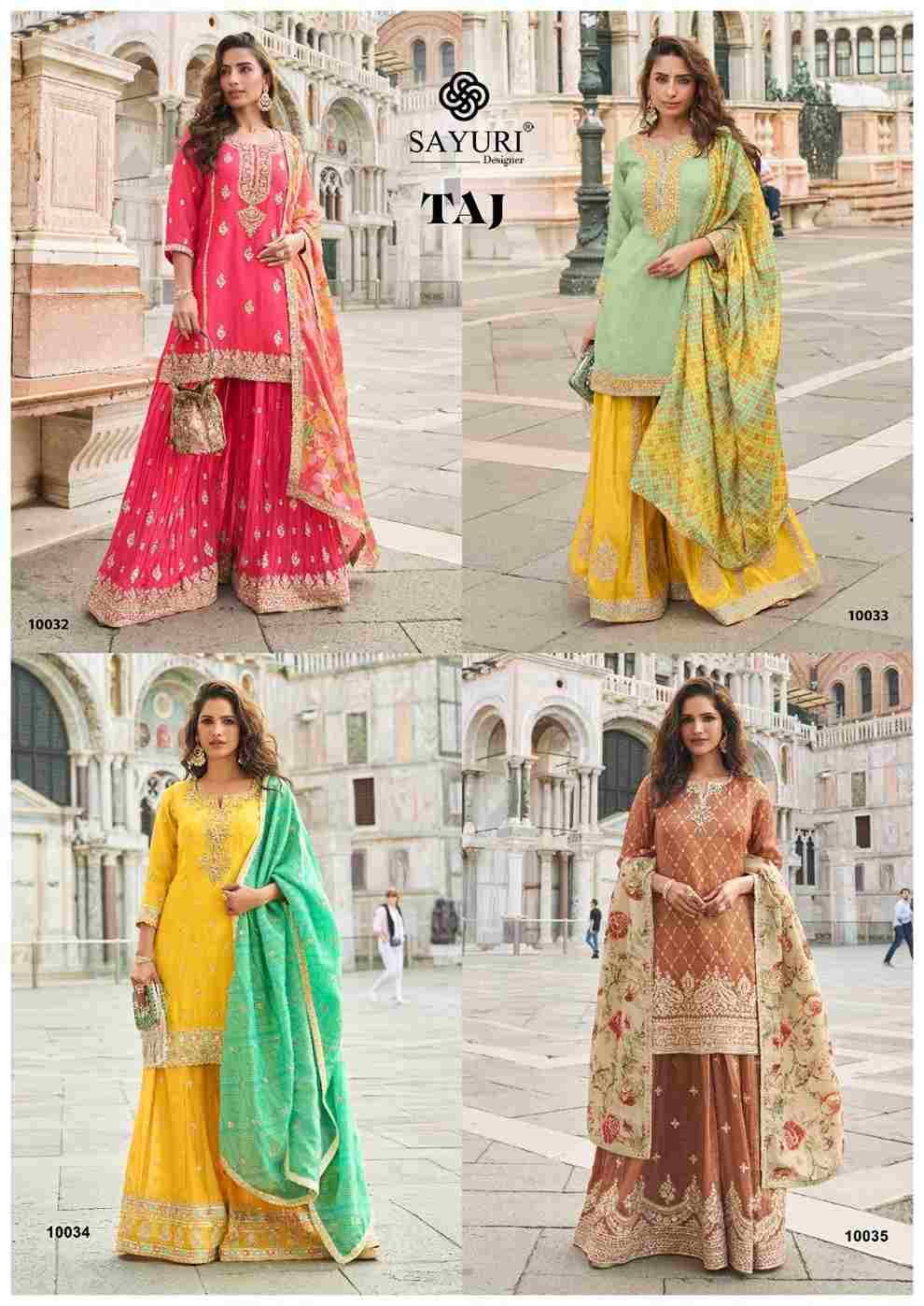 Taj By Sayuri 10032 To 10035 Series Beautiful Sharara Suits Colorful Stylish Fancy Casual Wear & Ethnic Wear Simar Silk With Work Dresses At Wholesale Price