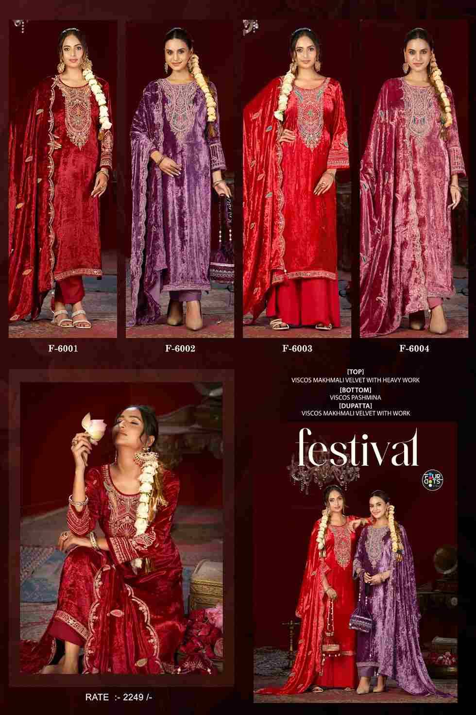 Festival By Four Dots 6001 To 6004 Series Designer Stylish Fancy Colorful Beautiful Party Wear & Ethnic Wear Collection Viscose Velvet Dresses At Wholesale Price