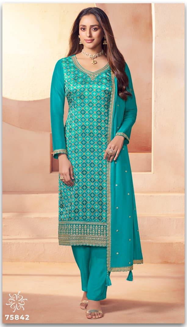 Aarvi By Kuleesh 75841 To 75844 Series Designer Festive Suits Collection Beautiful Stylish Fancy Colorful Party Wear & Occasional Wear Jacquard Silk Dresses At Wholesale Price