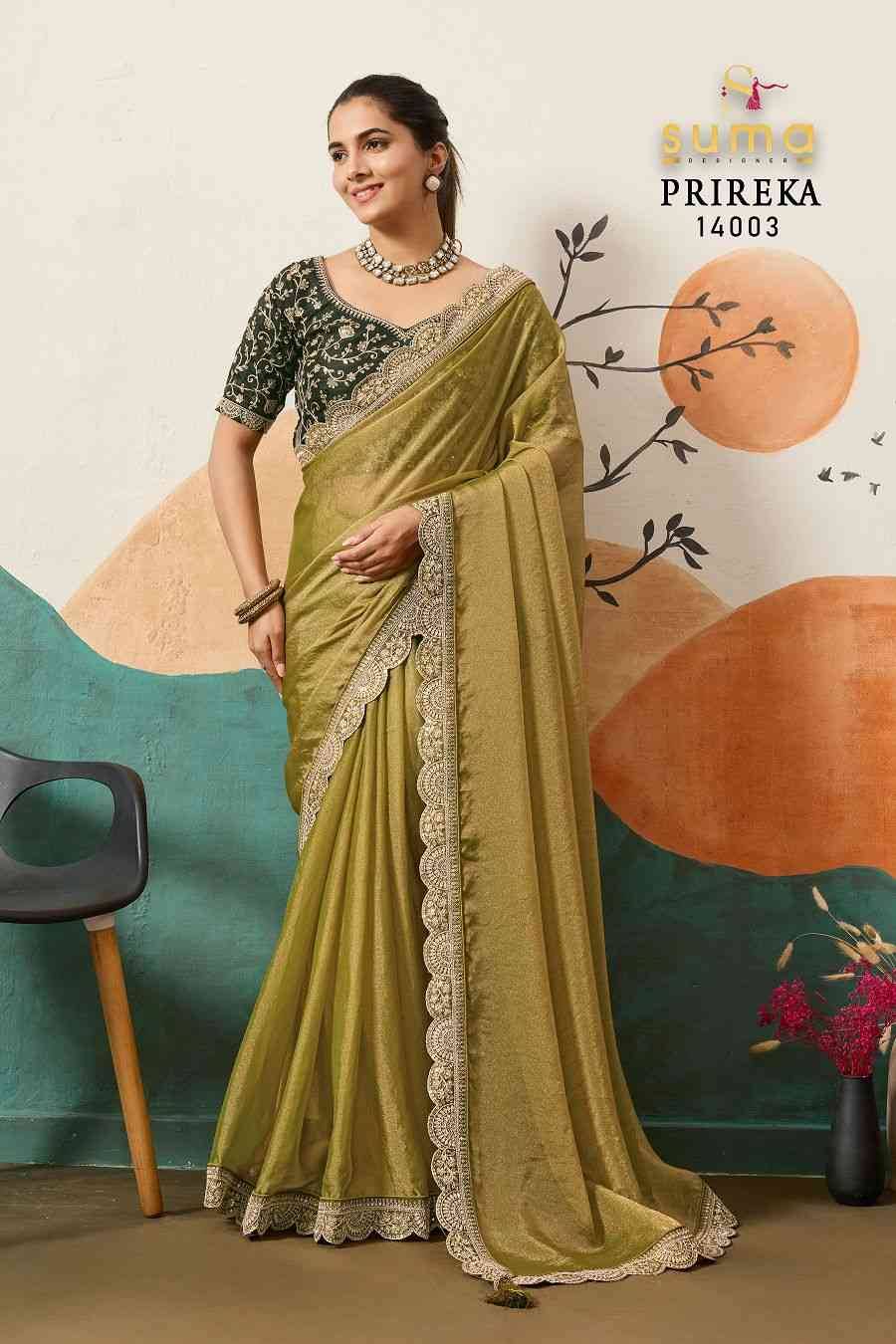 Prireka By Suma 14001 To 14006 Series Indian Traditional Wear Collection Beautiful Stylish Fancy Colorful Party Wear & Occasional Wear Moss Sarees At Wholesale Price