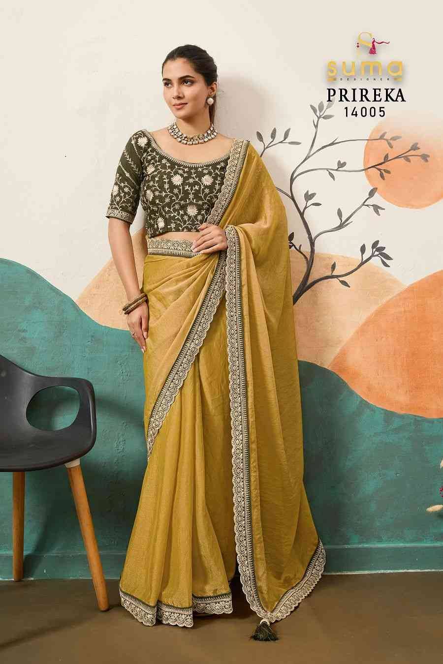 Prireka By Suma 14001 To 14006 Series Indian Traditional Wear Collection Beautiful Stylish Fancy Colorful Party Wear & Occasional Wear Moss Sarees At Wholesale Price