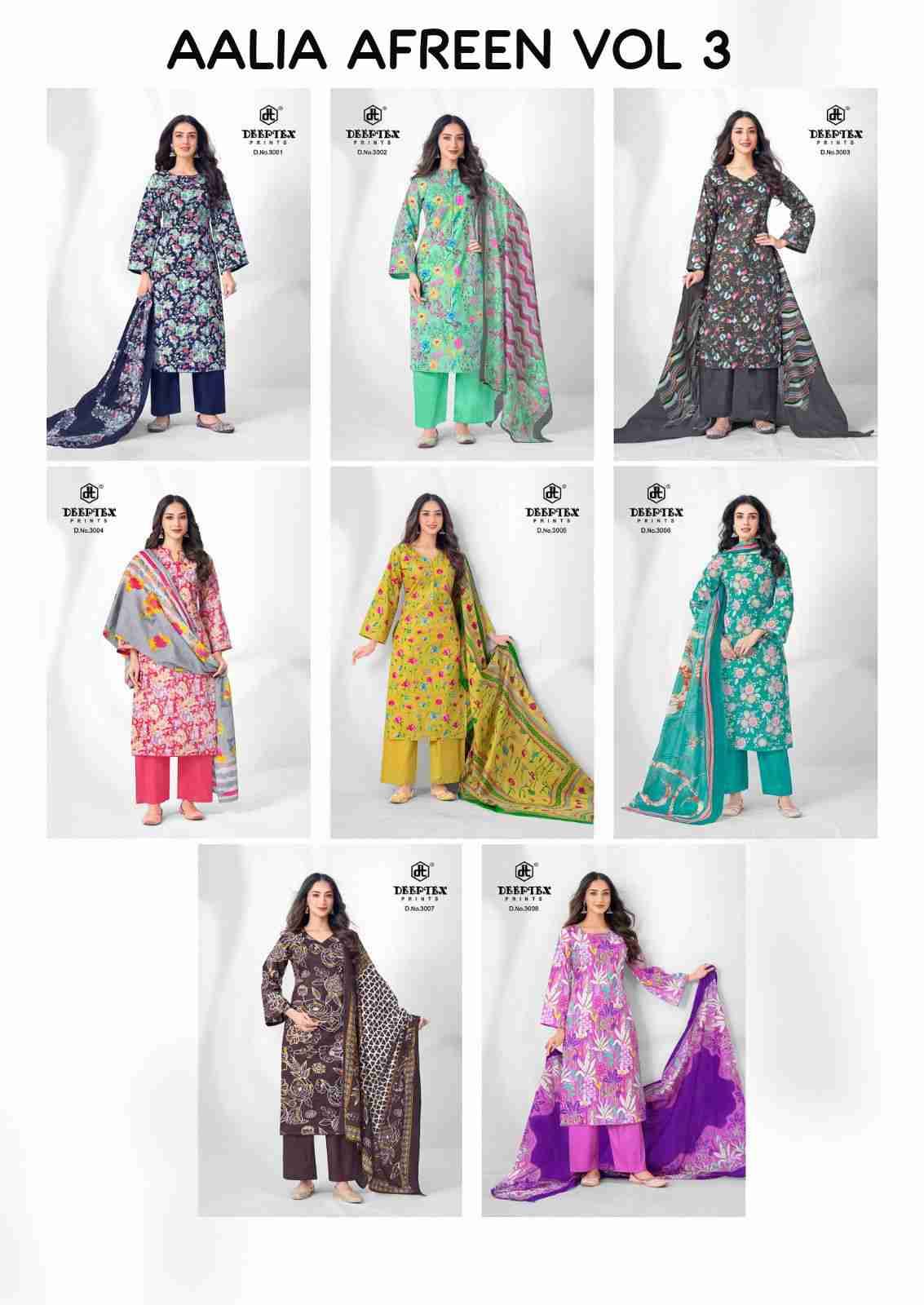 Aalia Afreen Vol-3 By Deeptex Prints 3001 To 3008 Series Beautiful Suits Colorful Stylish Fancy Casual Wear & Ethnic Wear Lawn Print Dresses At Wholesale Price