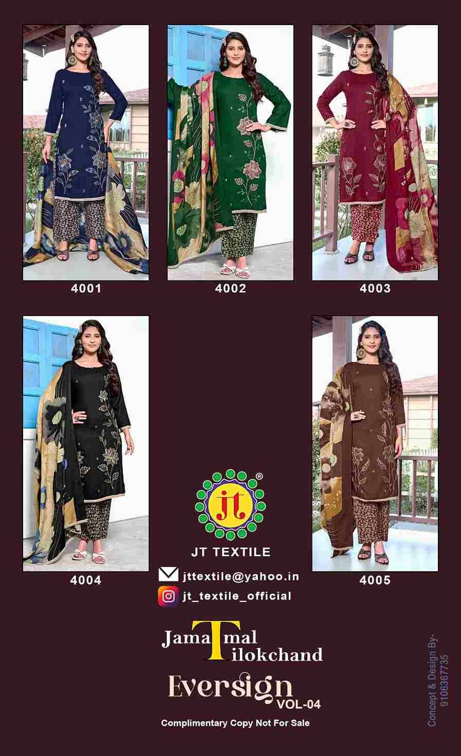 Eversign Vol-4 By JT 4001 To 4005 Series Beautiful Festive Suits Colorful Stylish Fancy Casual Wear & Ethnic Wear Rayon Dresses At Wholesale Price