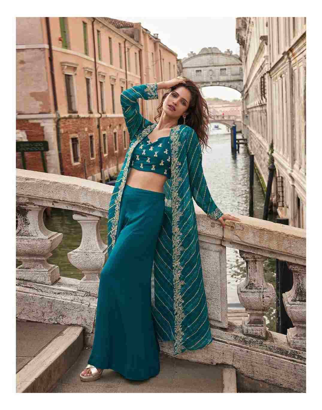 Melodi By Sayuri 10100 To 10104 Series Designer Beautiful Festive Collection Occasional Wear & Party Wear Chinnon Silk Crop Top With Bottom And Jacket At Wholesale Price