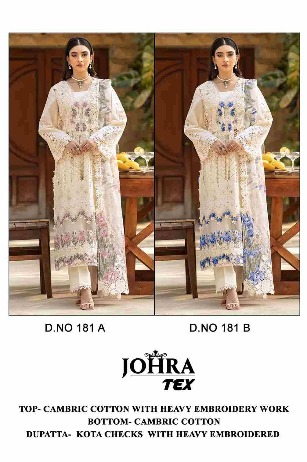 Johra Hit Design 181 Colours By Johra Tex 181-A To 181-B Series Beautiful Pakistani Suits Colorful Stylish Fancy Casual Wear & Ethnic Wear Cambric Cotton Embroidered Dresses At Wholesale Price