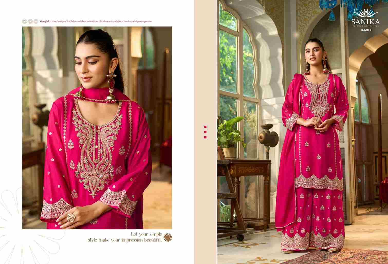 Monica By Sanika 6601 To 6604 Series Beautiful Sharara Suits Stylish Fancy Colorful Party Wear & Occasional Wear Premium Chinnon Silk Dresses At Wholesale Price